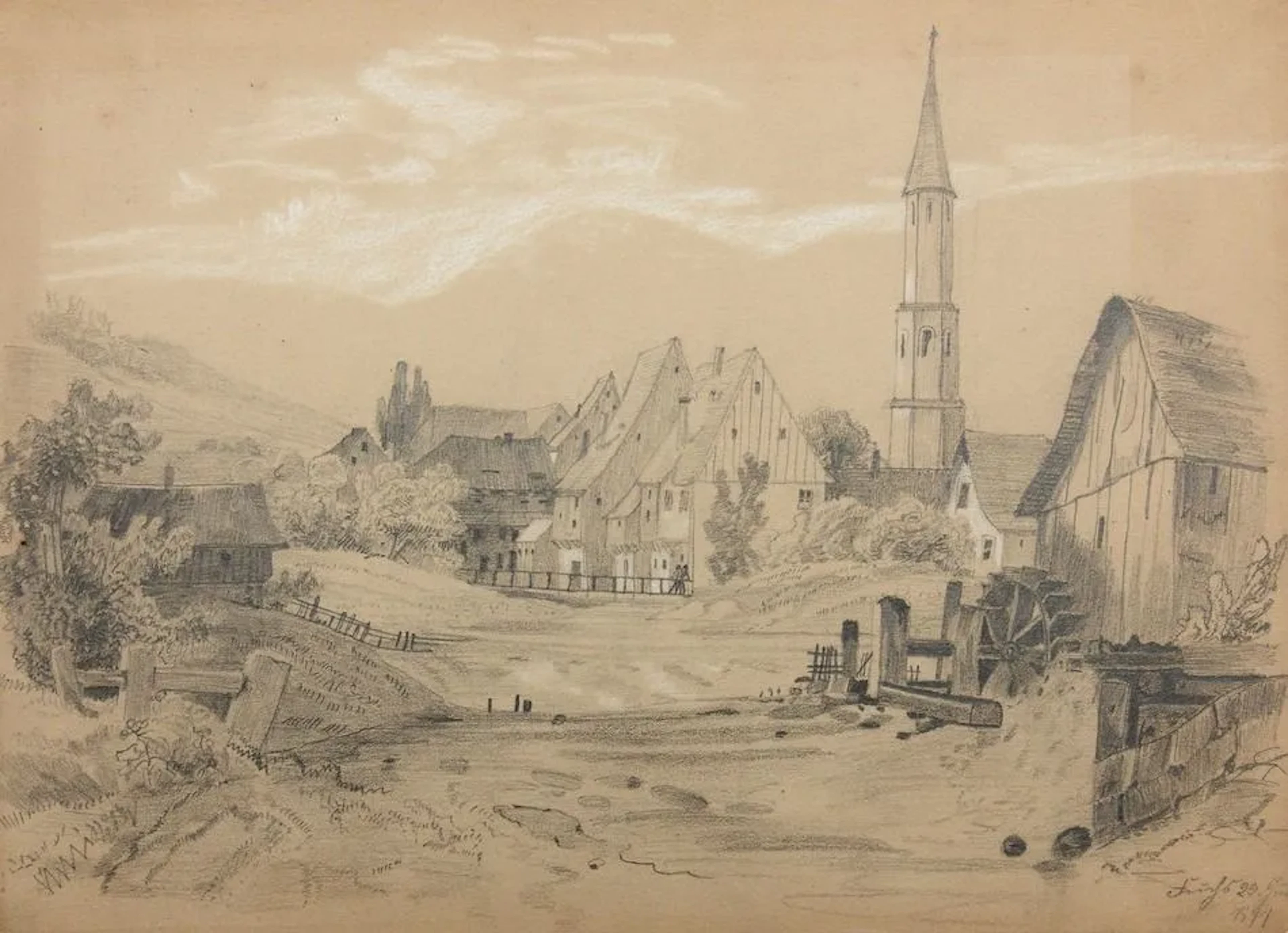A. FUCHS (19th), Village with a Watermill, 1877, Pencil A. Fuchs (19th