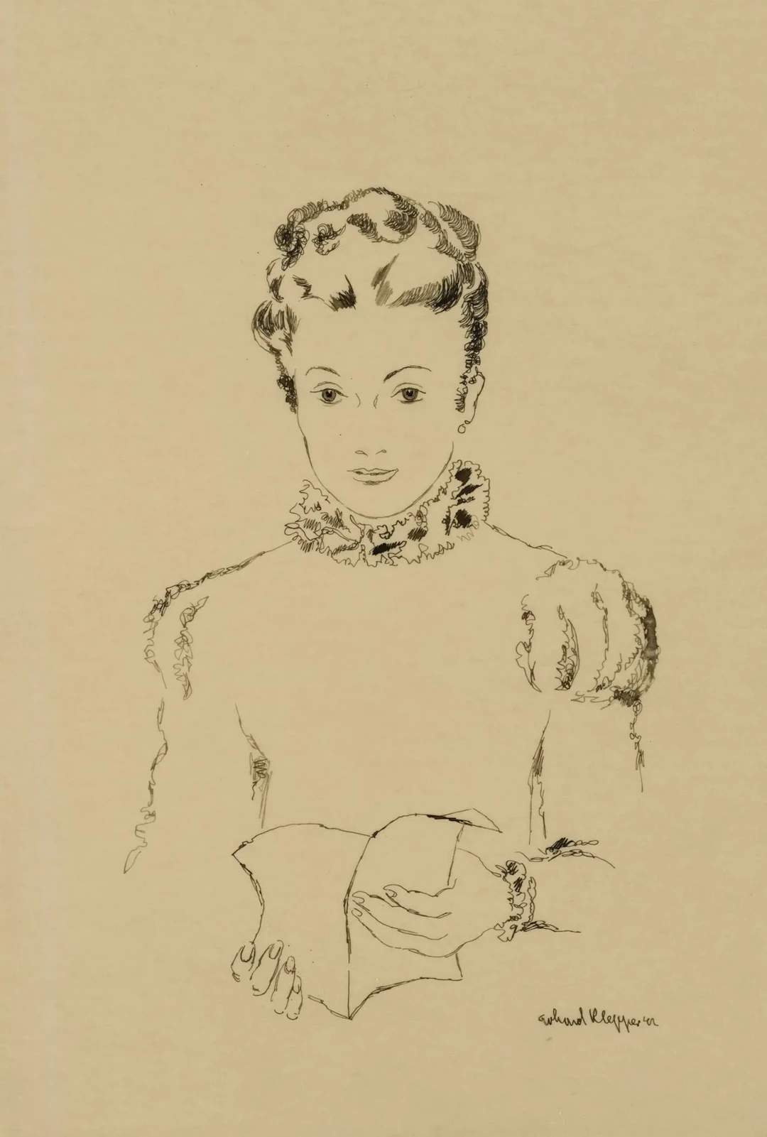 E. KLEPPER (1906–1980), Young Woman at a Table, 1941, pen drawing