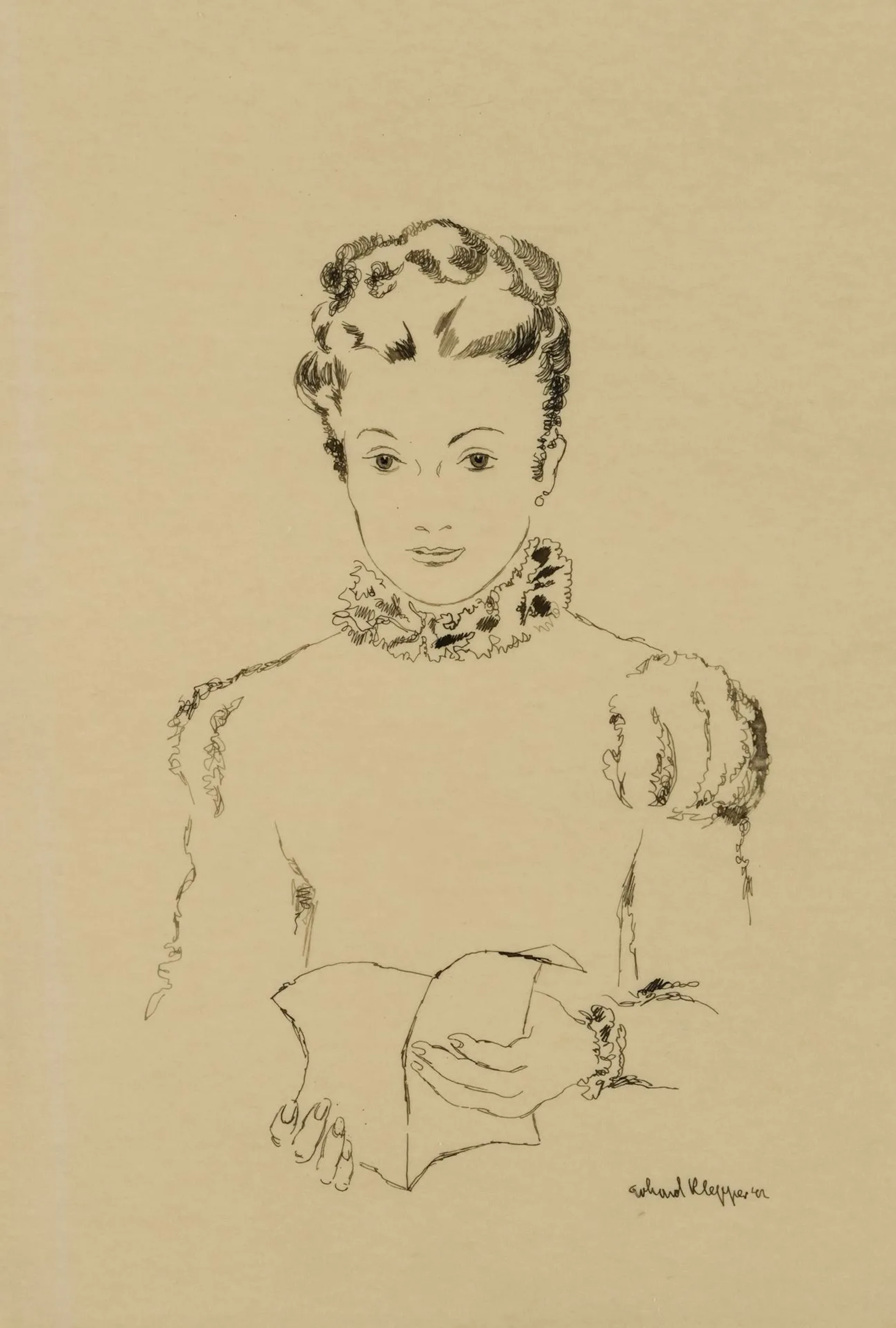 E. KLEPPER (1906–1980), Young Woman at a Table, 1941, pen drawing