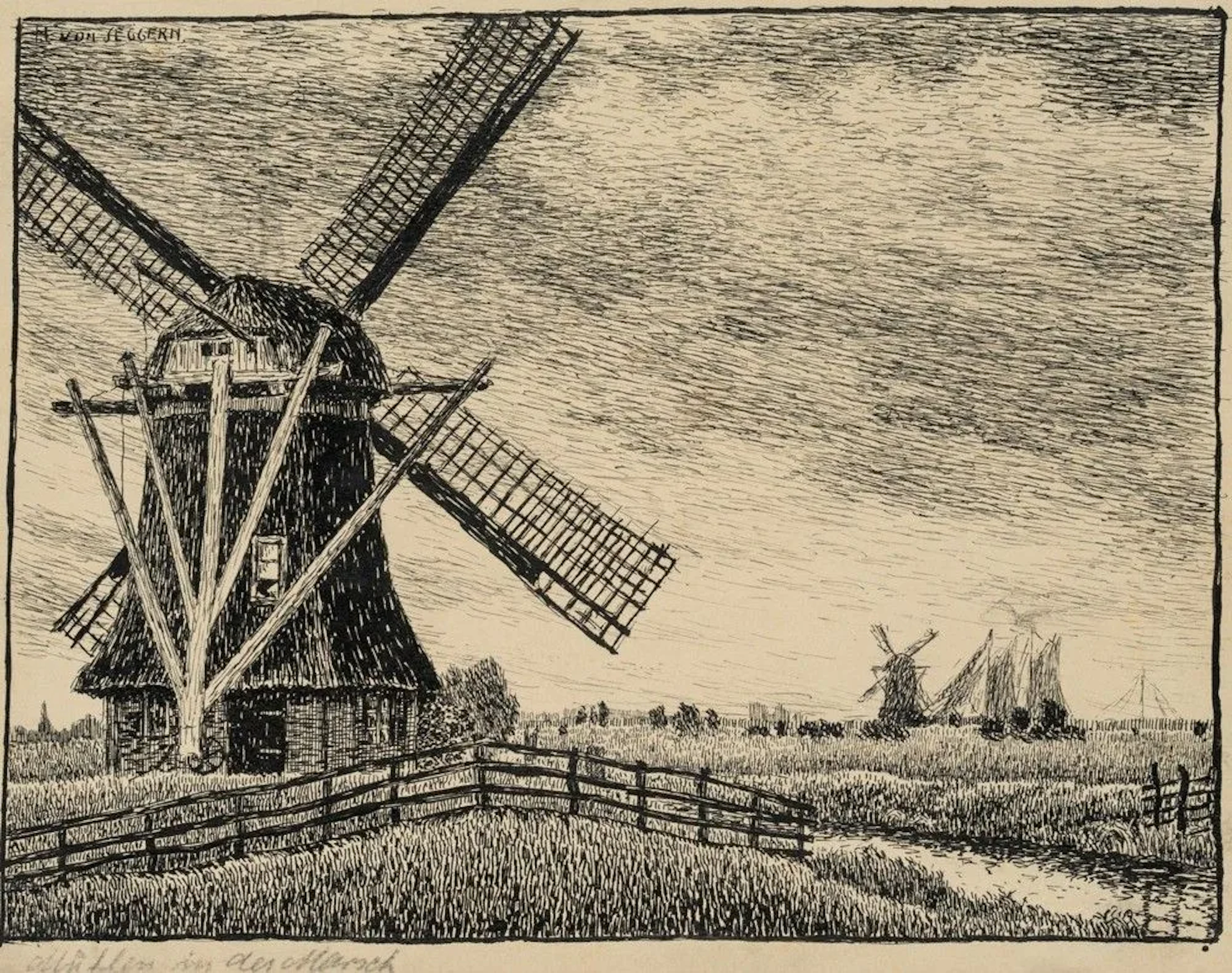 H. SEGGERN (19th), Mill in the Marshlands, around 1910, pen drawing