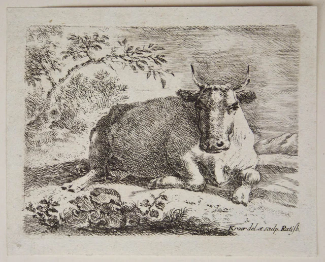 J. KRAER (1711–1771), Reclining Cow, 1711, etching Johann Georg Kraer