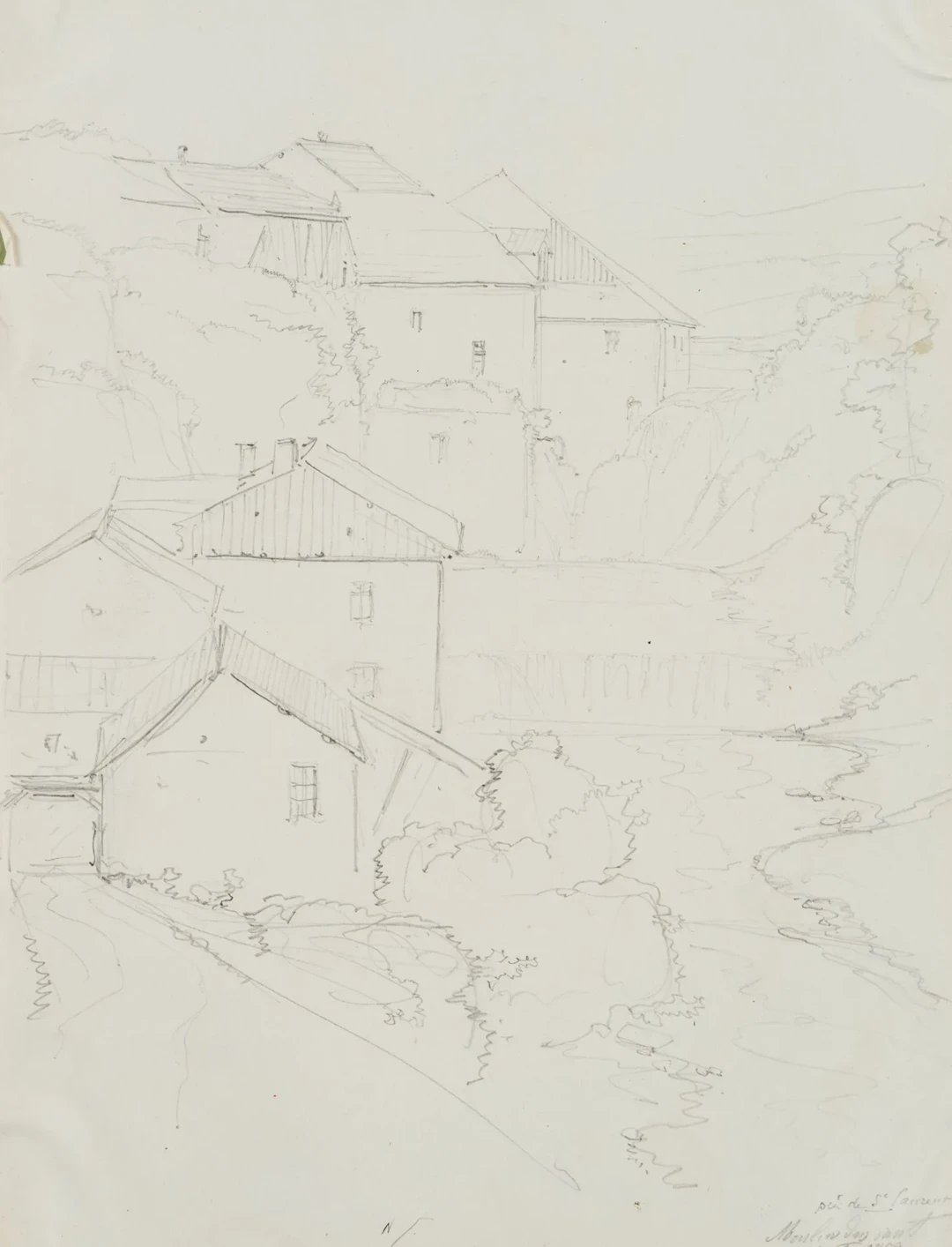 E. BRETENIÈRES (*1804), Mill in St. Laurent, Switzerland, 1852, Pencil