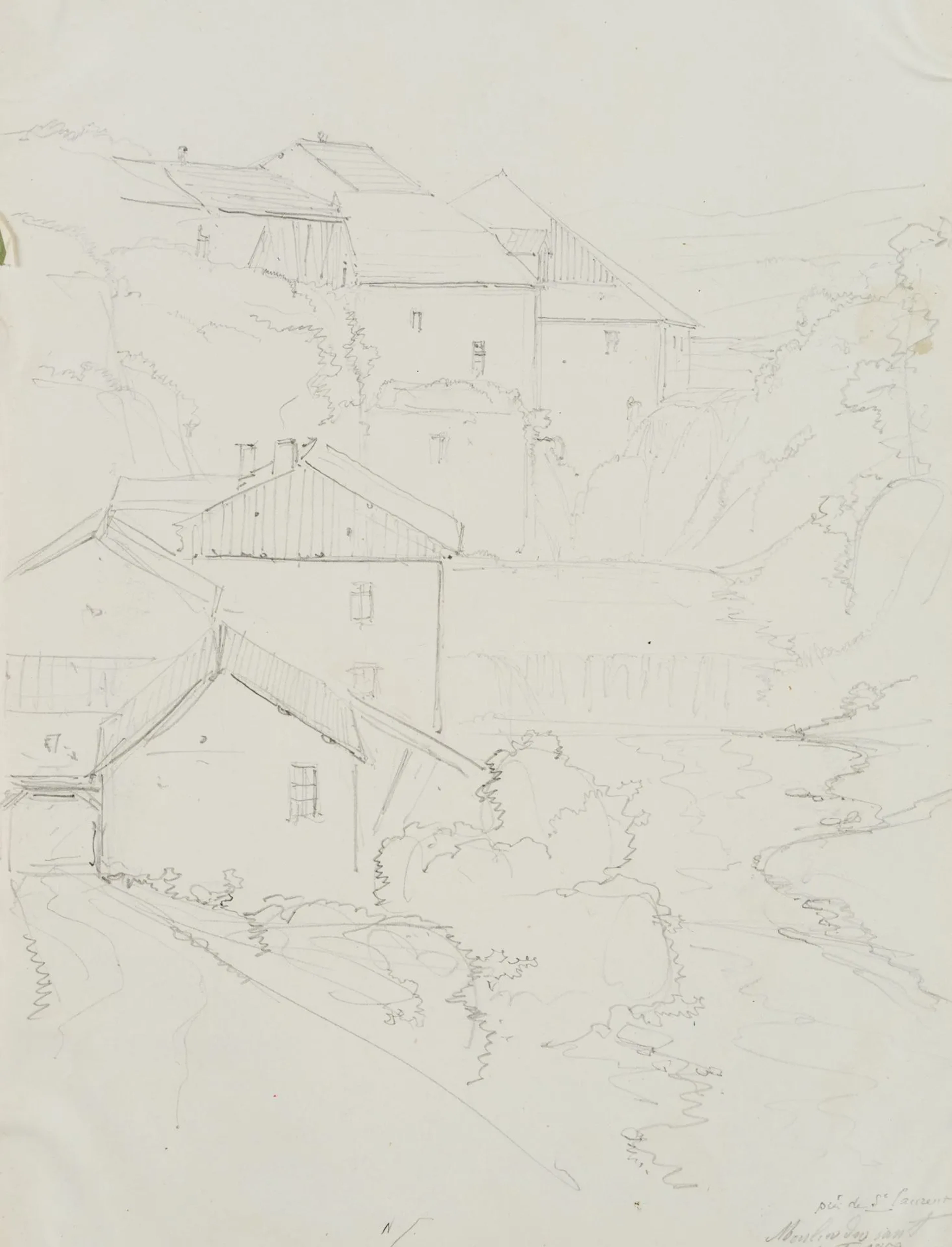E. BRETENIÈRES (*1804), Mill in St. Laurent, Switzerland, 1852, Pencil