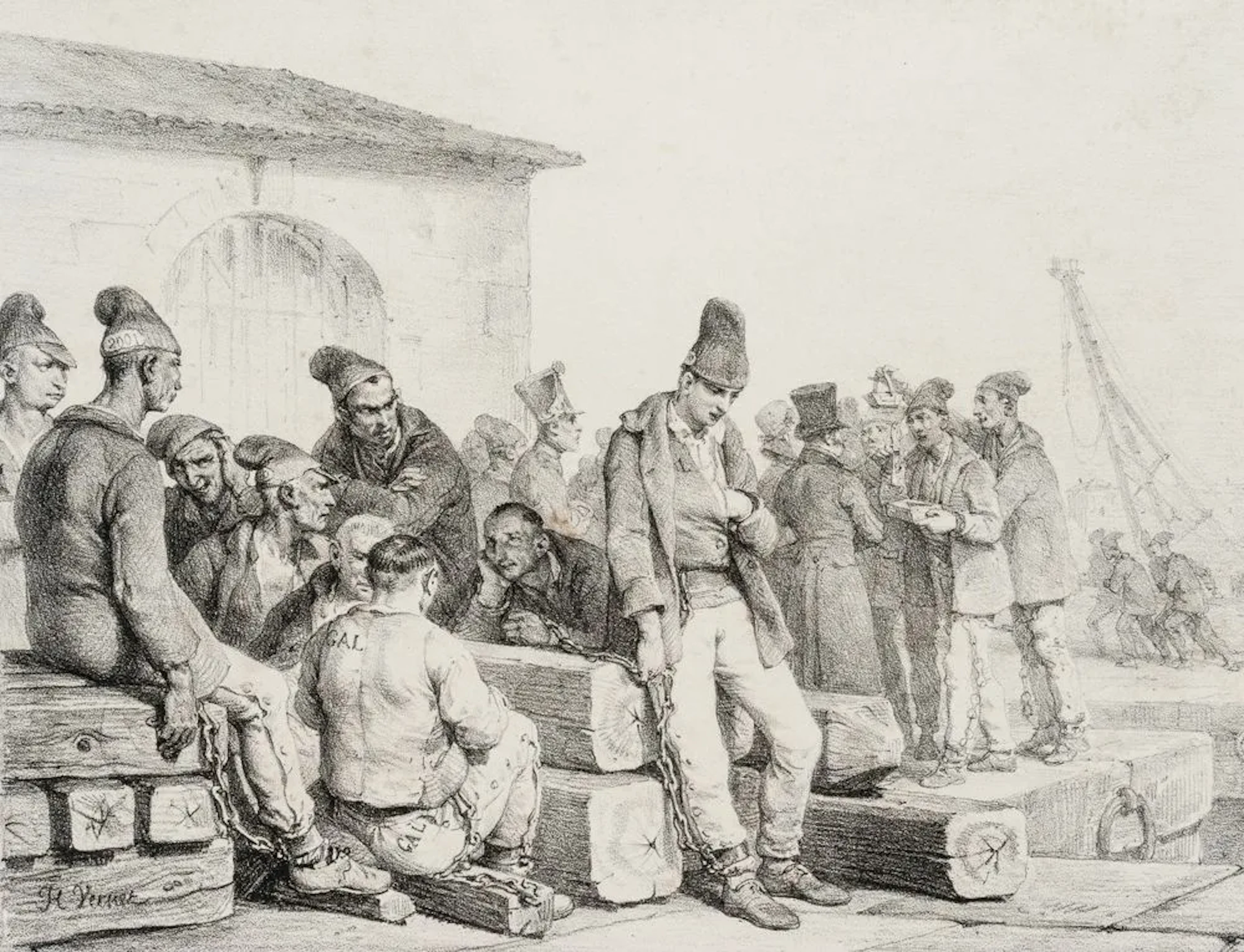 H. VERNET (1789–1863), Galley Convicts on the Quay, Lithograph Horace