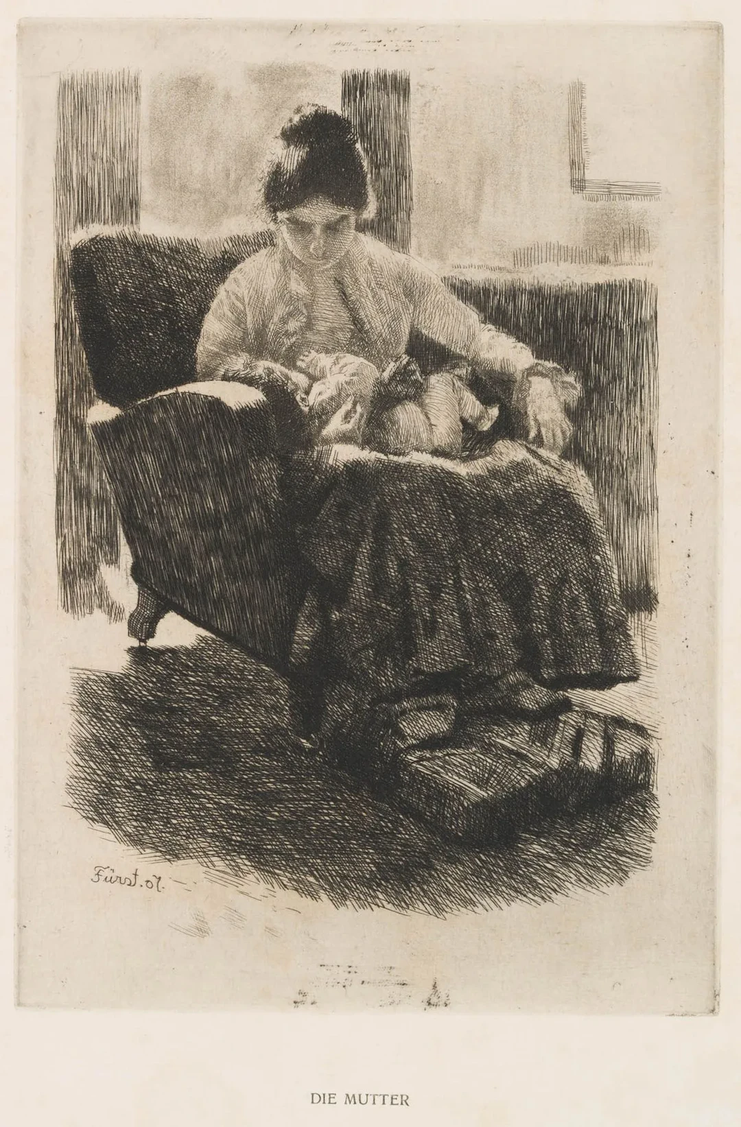 E. FÜRST (1874–1955), Interior scene featuring a mother and child