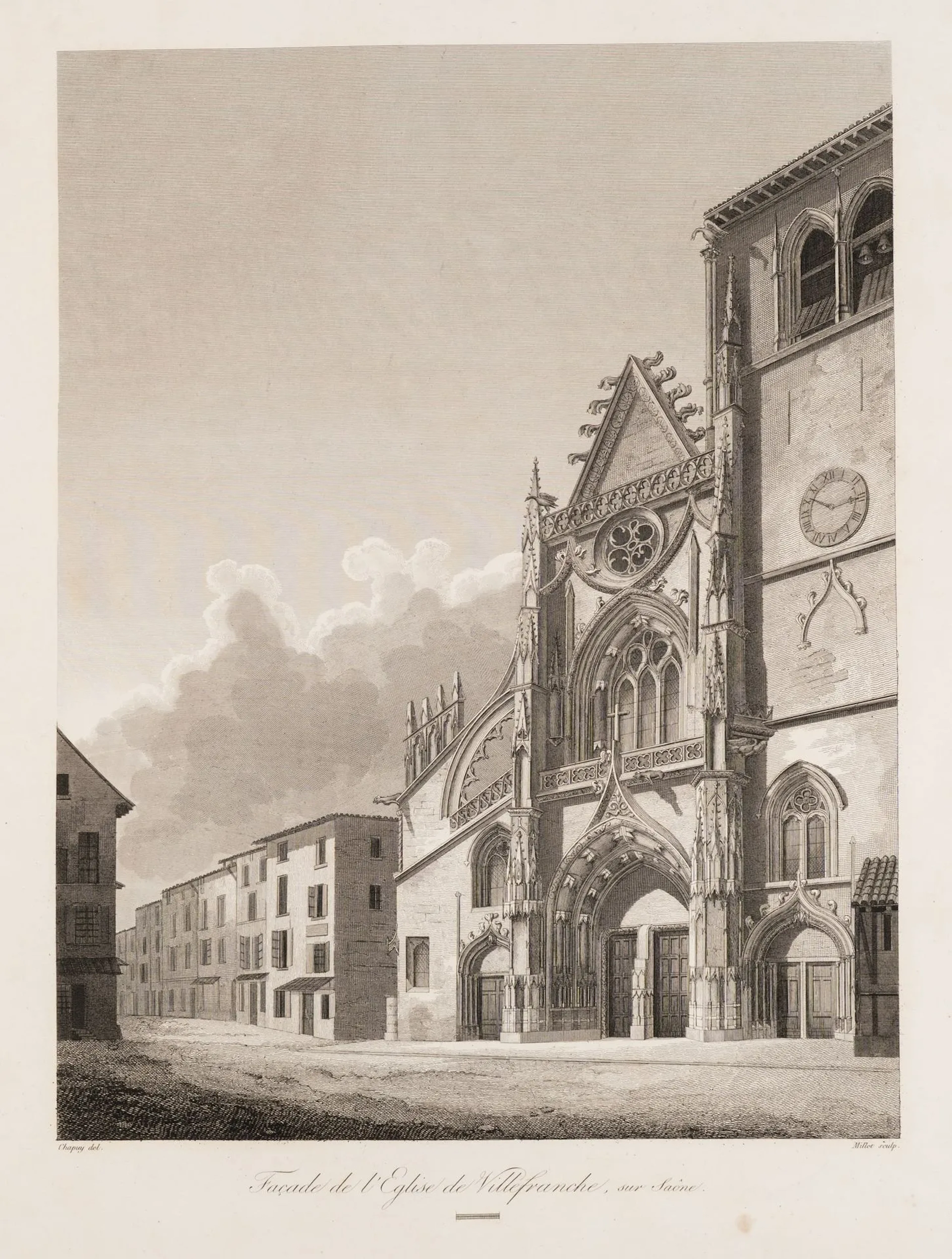 Millet (19th) after CHAPUY (*1790), Gothic church façade, Copper engraving