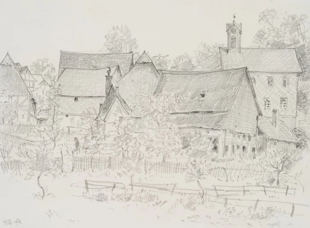 O. FISCHER (1896-1970), Old Town Hall, Hundstadt, around 1950, Pencil