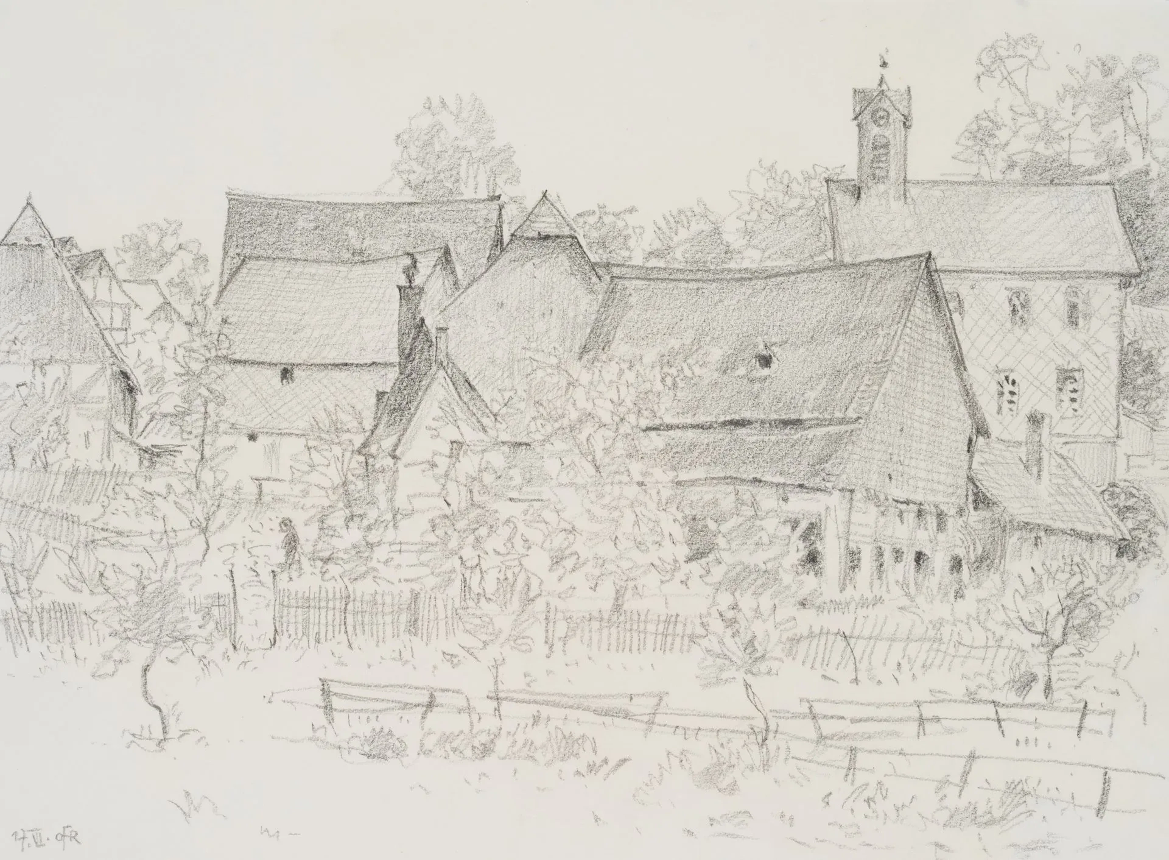 O. FISCHER (1896-1970), Old Town Hall, Hundstadt, around 1950, Pencil