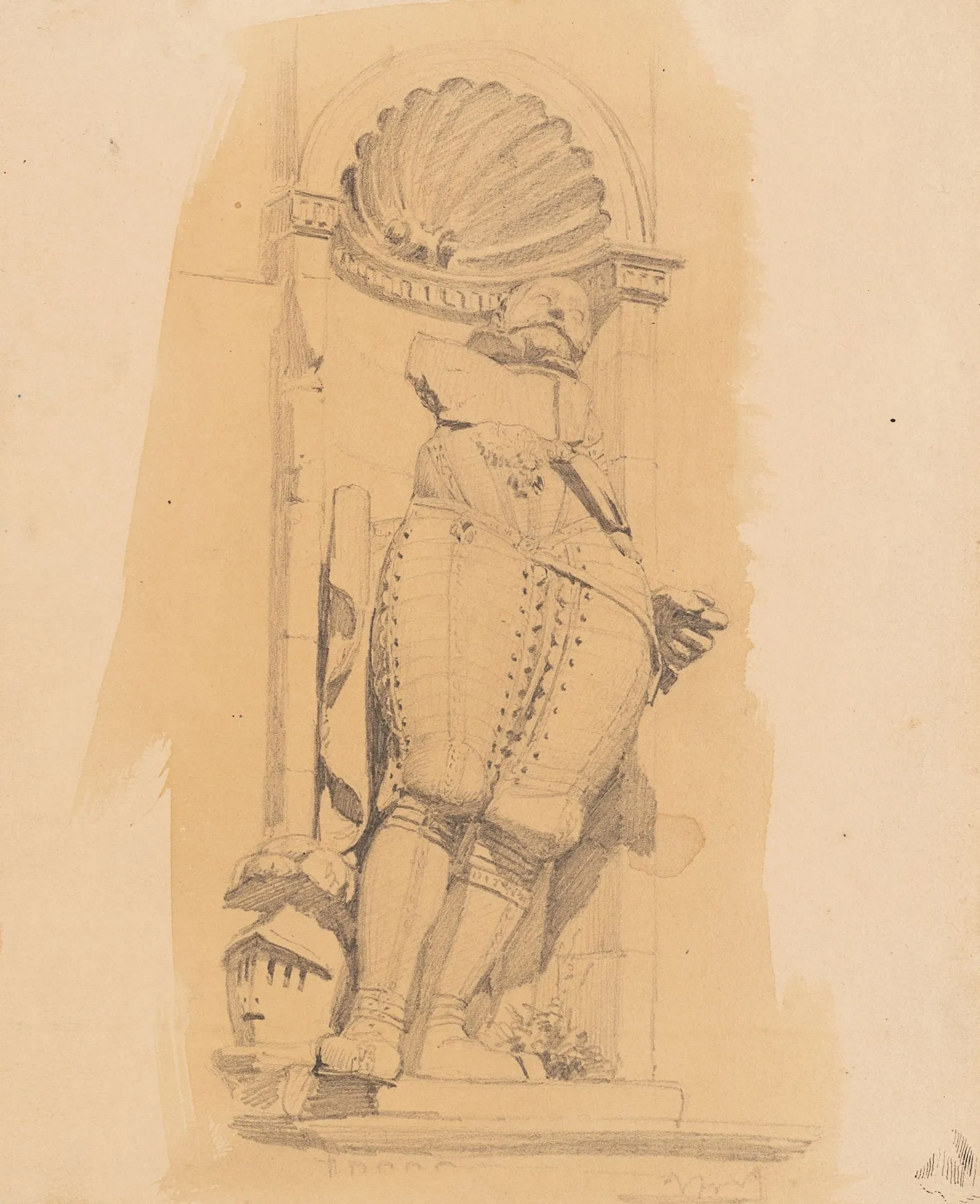 Unknown (19th century), View of a statue of a knight in a shell-shaped