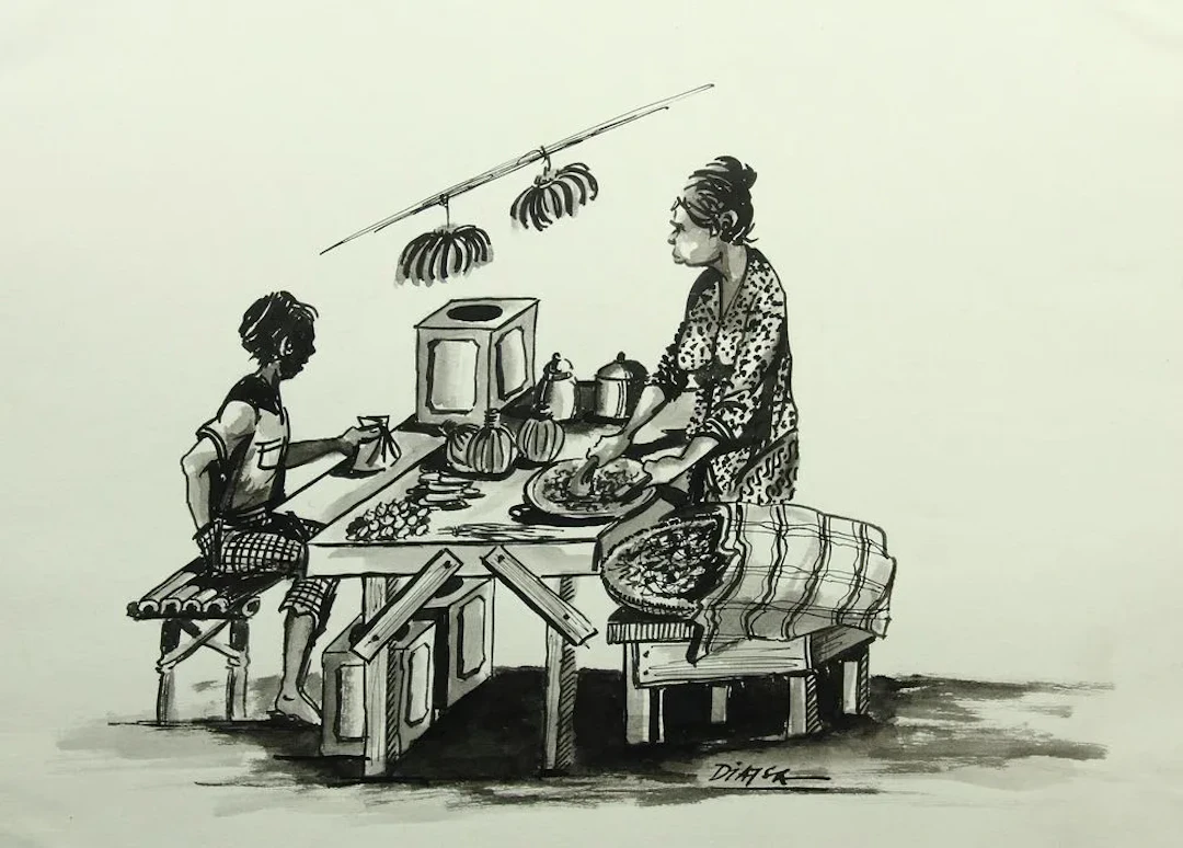 Unknown (20th), Asian women sorting fruit, brush drawing Unknown (20th