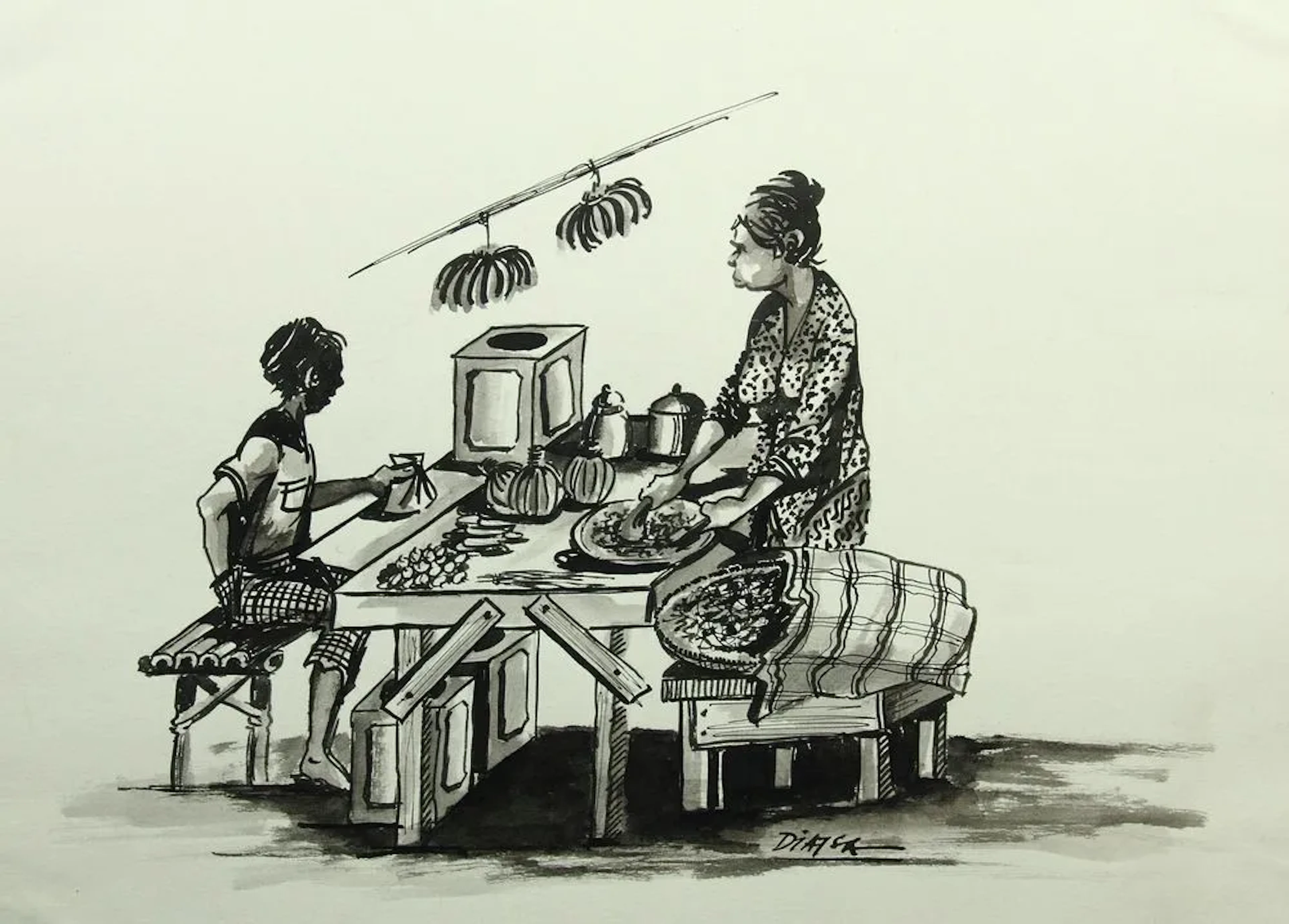 Unknown (20th), Asian women sorting fruit, brush drawing Unknown (20th