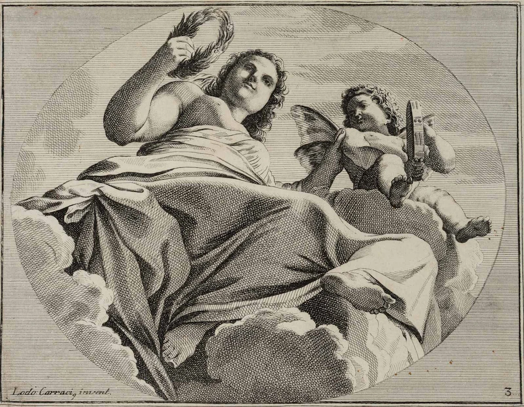 After CARRACCI (*1555), Venus and Cupid on a cloud, Copper engraving