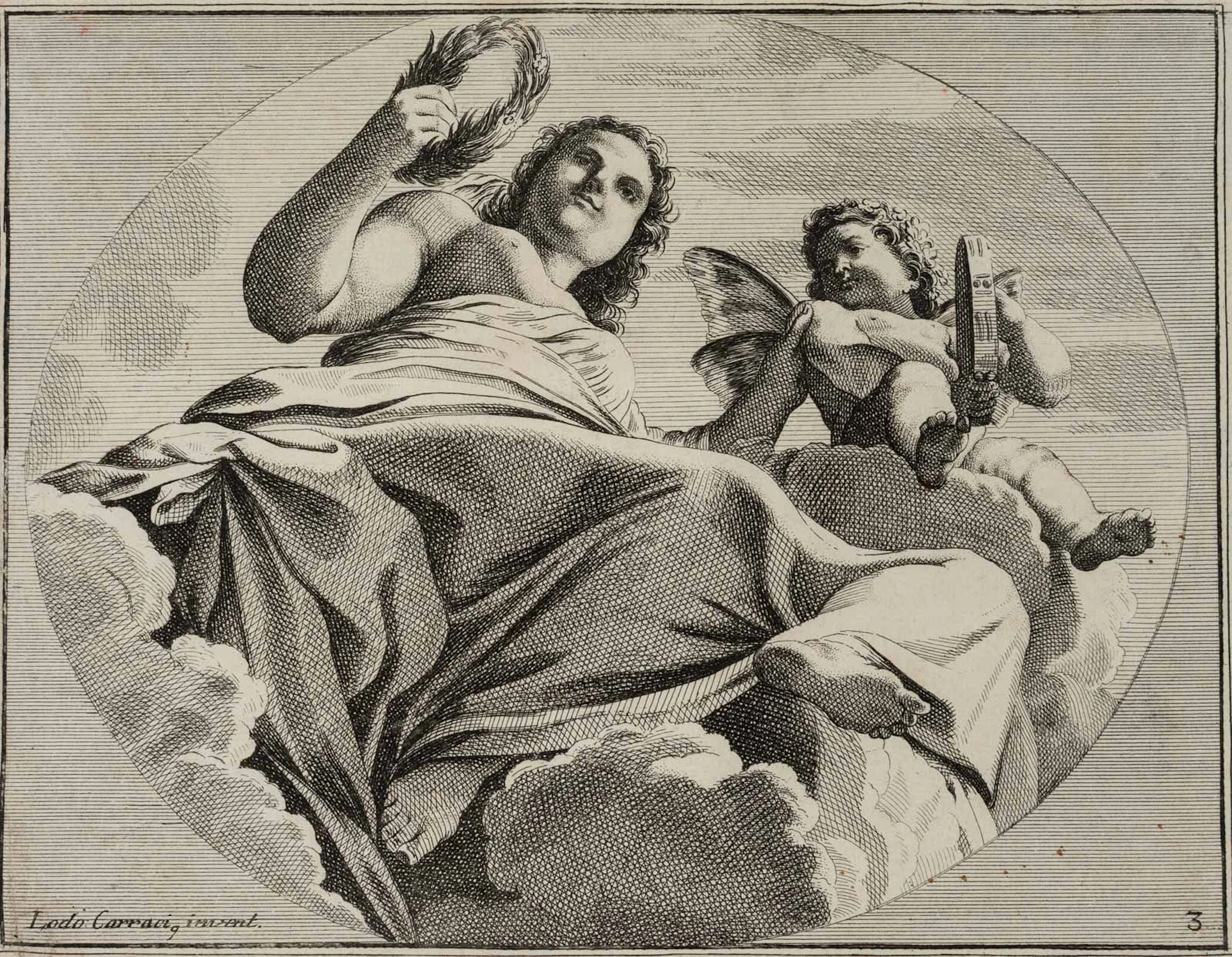 After CARRACCI (*1555), Venus and Cupid on a cloud, Copper engraving