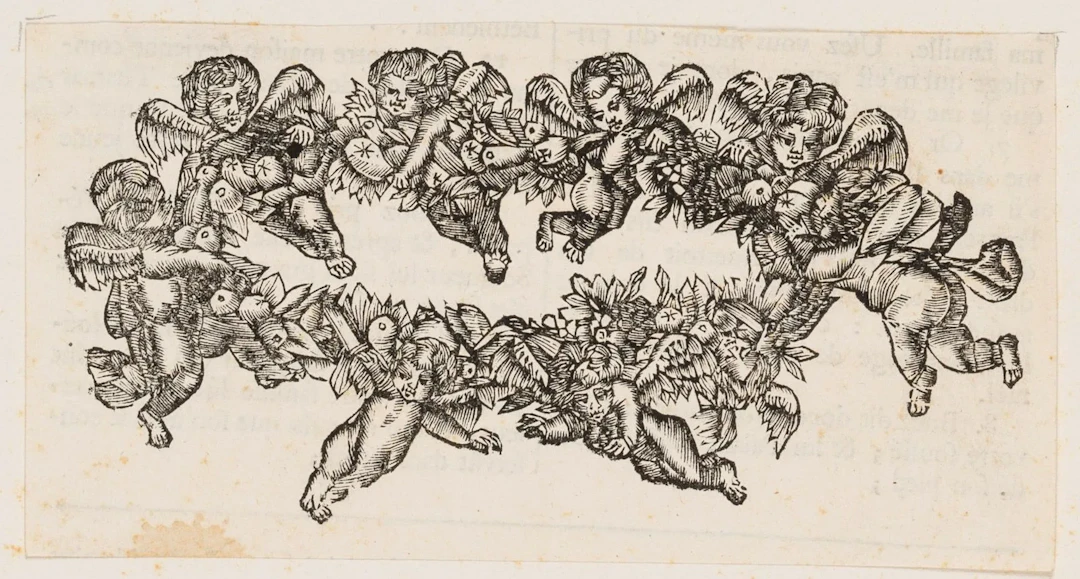 Unknown (18th century), Baroque book ornamentation. Fruit and angels