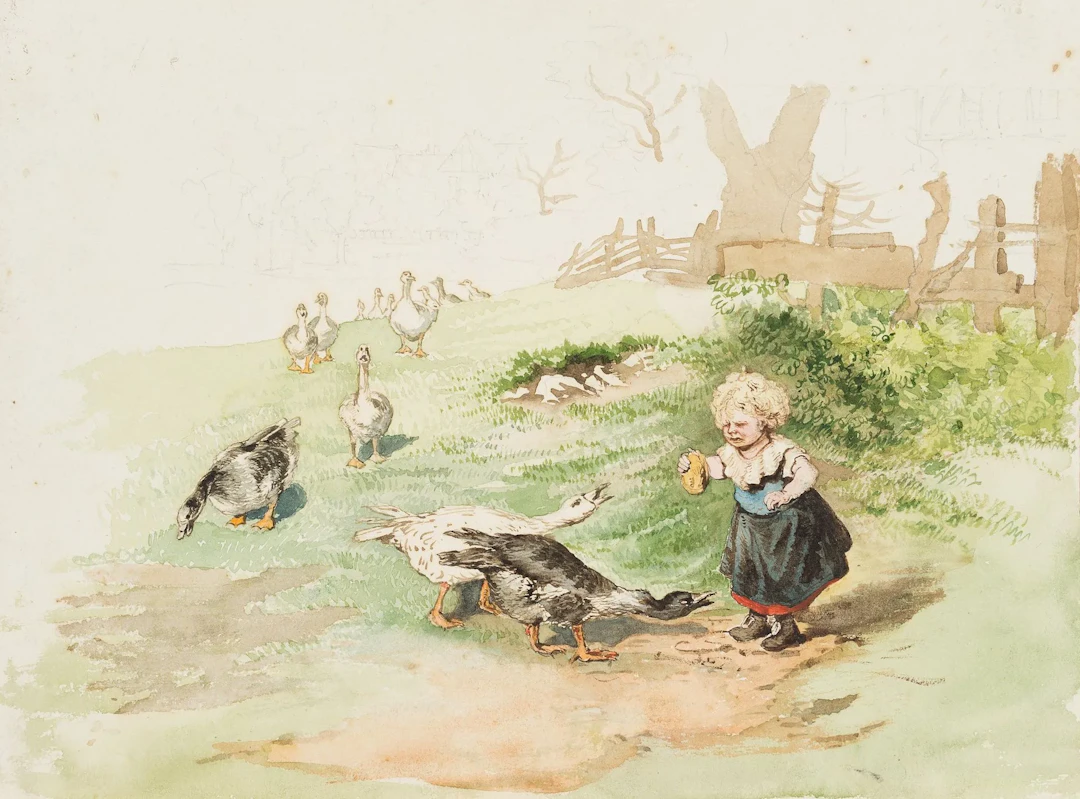 M. SAVIGNY (1831–1905), Grumpy Goose Girl, ca. 1870, Watercolor Marie