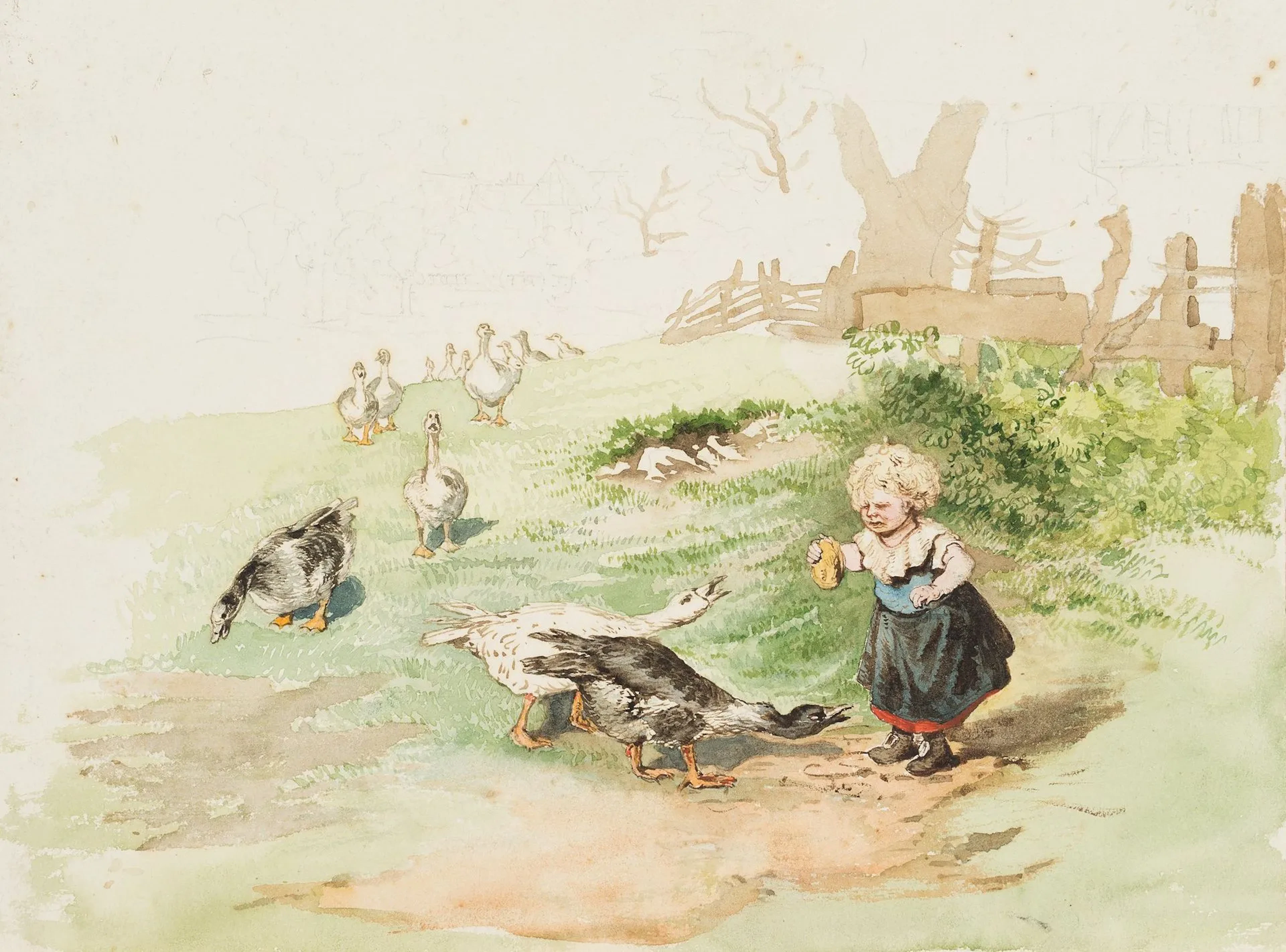 M. SAVIGNY (1831–1905), Grumpy Goose Girl, ca. 1870, Watercolor Marie