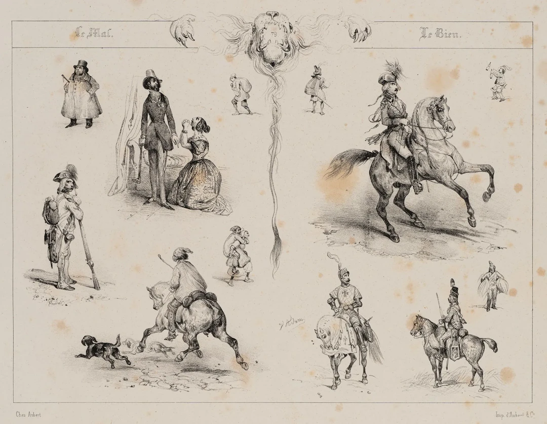 V. ADAM (1801–1866), Composition. Equestrian figures, Lithograph Victor-Jean