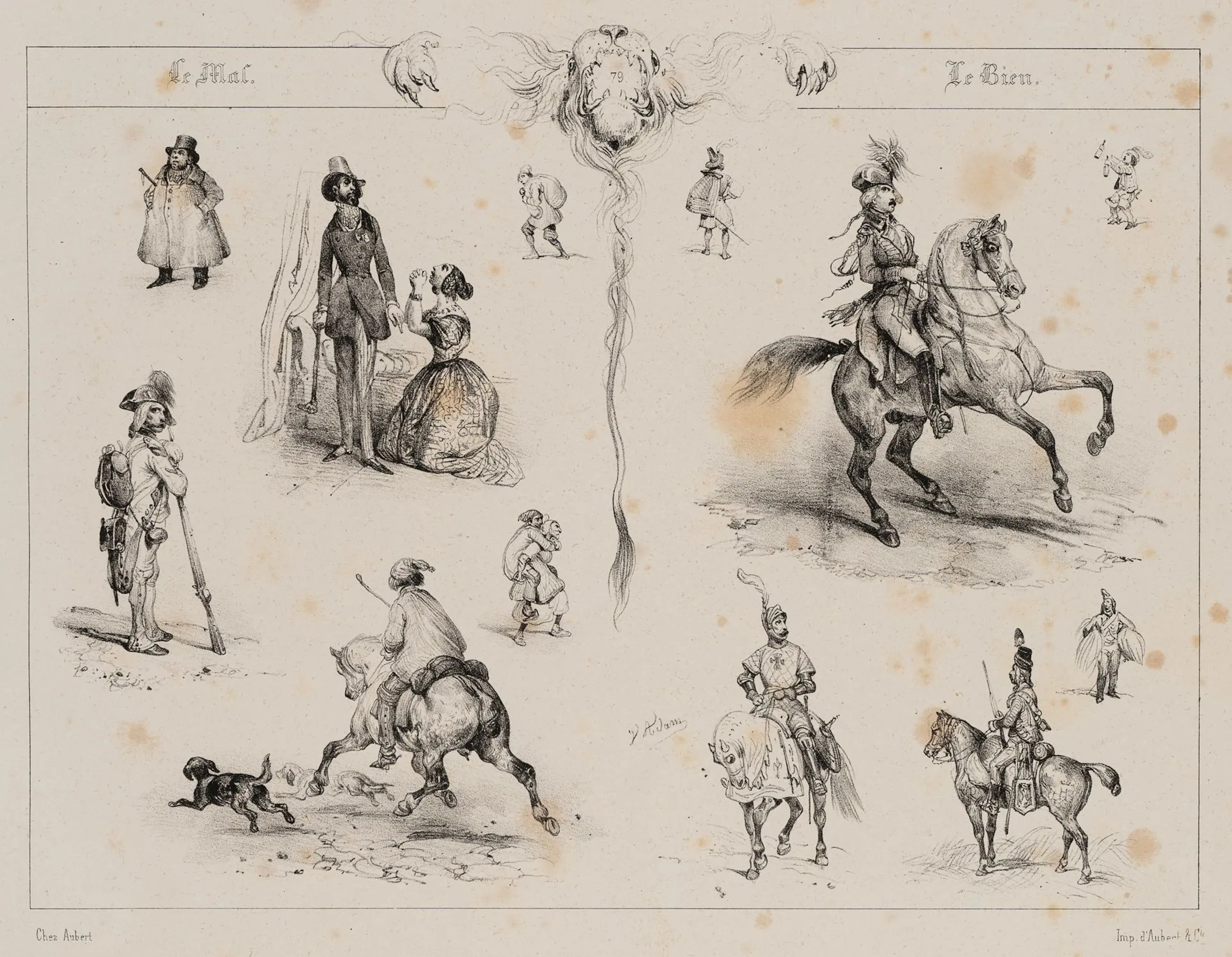V. ADAM (1801–1866), Composition. Equestrian figures, Lithograph Victor-Jean