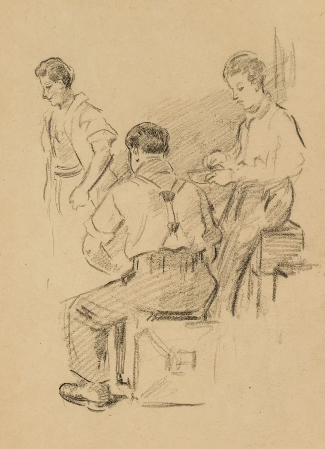 J. WIEGMAN (*1884), Three young men, Charcoal Jan Wiegman (born 1884