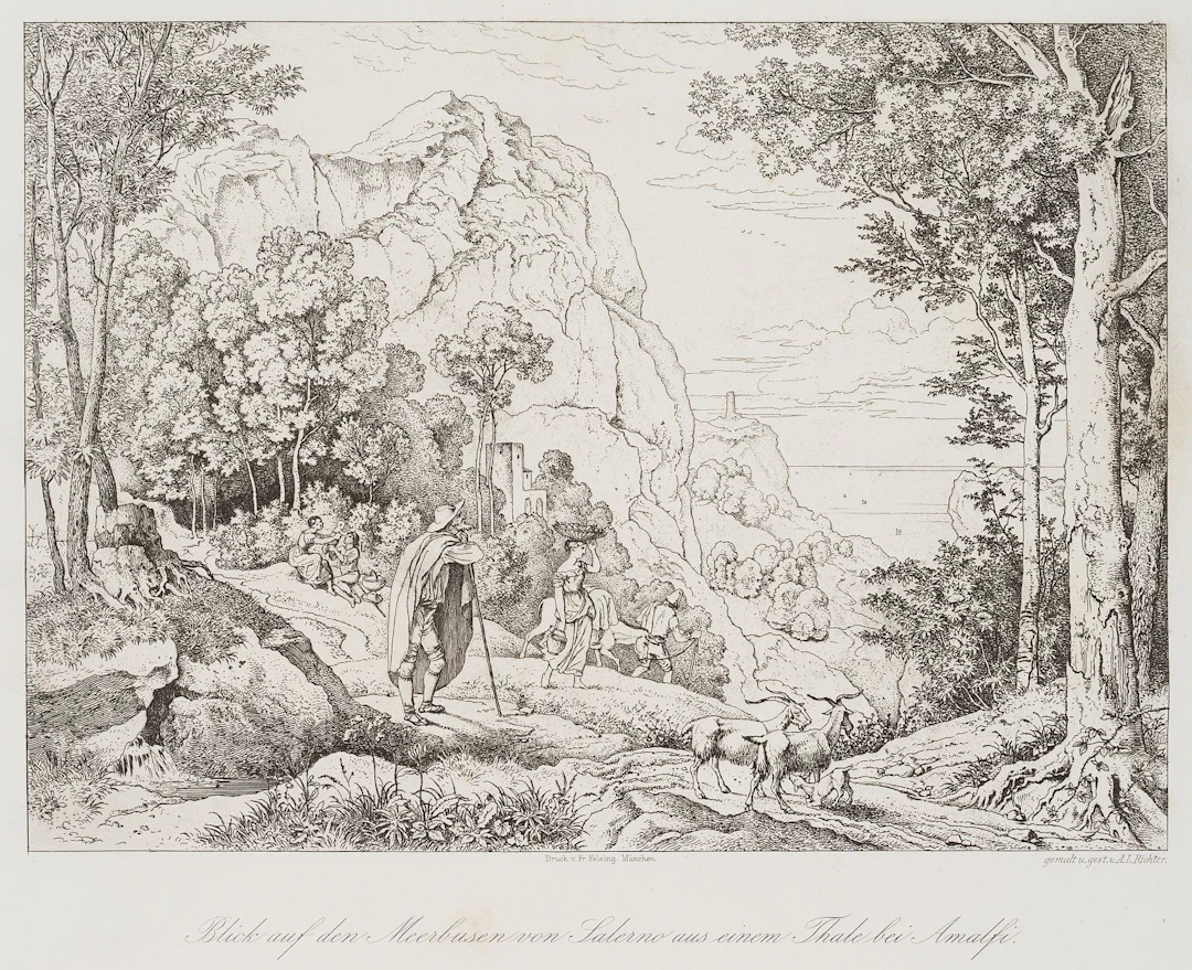 L. RICHTER (1803–1884), Valley near Amalfi, 1875, etching Ludwig Richter