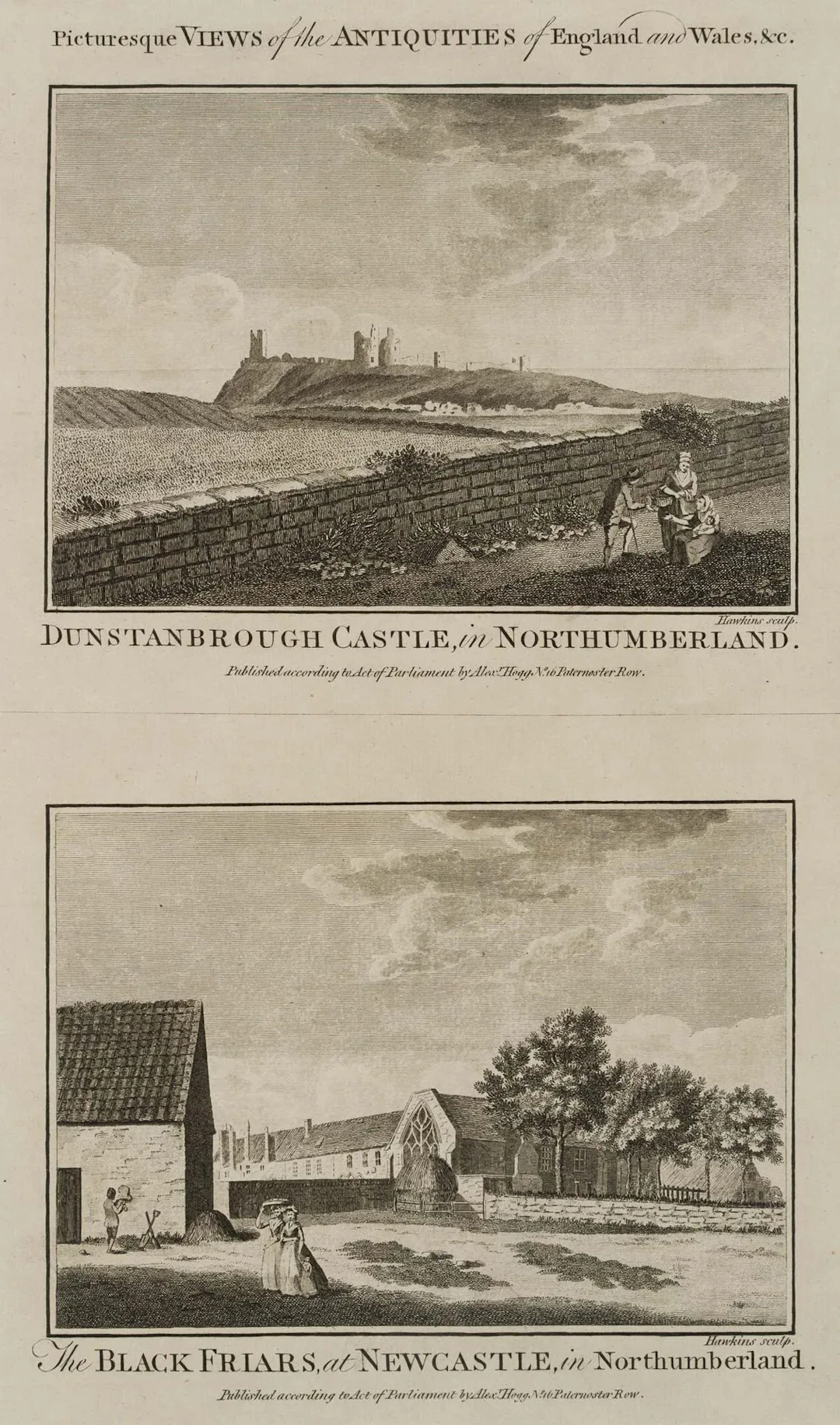 HAWKINS (18th), Dunstanbrough Castle, Northumberland, Etching Hawkins