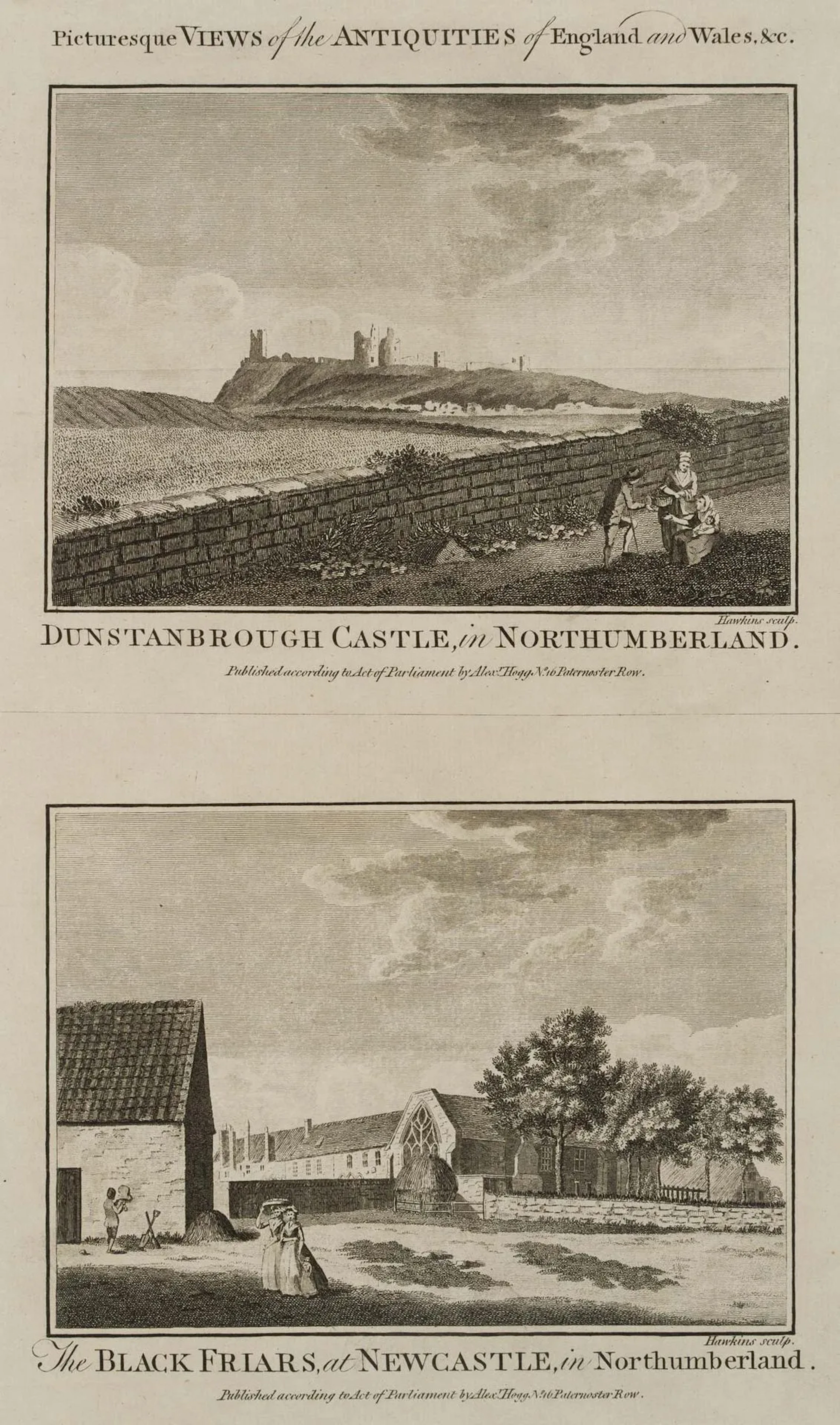 HAWKINS (18th), Dunstanbrough Castle, Northumberland, Etching Hawkins