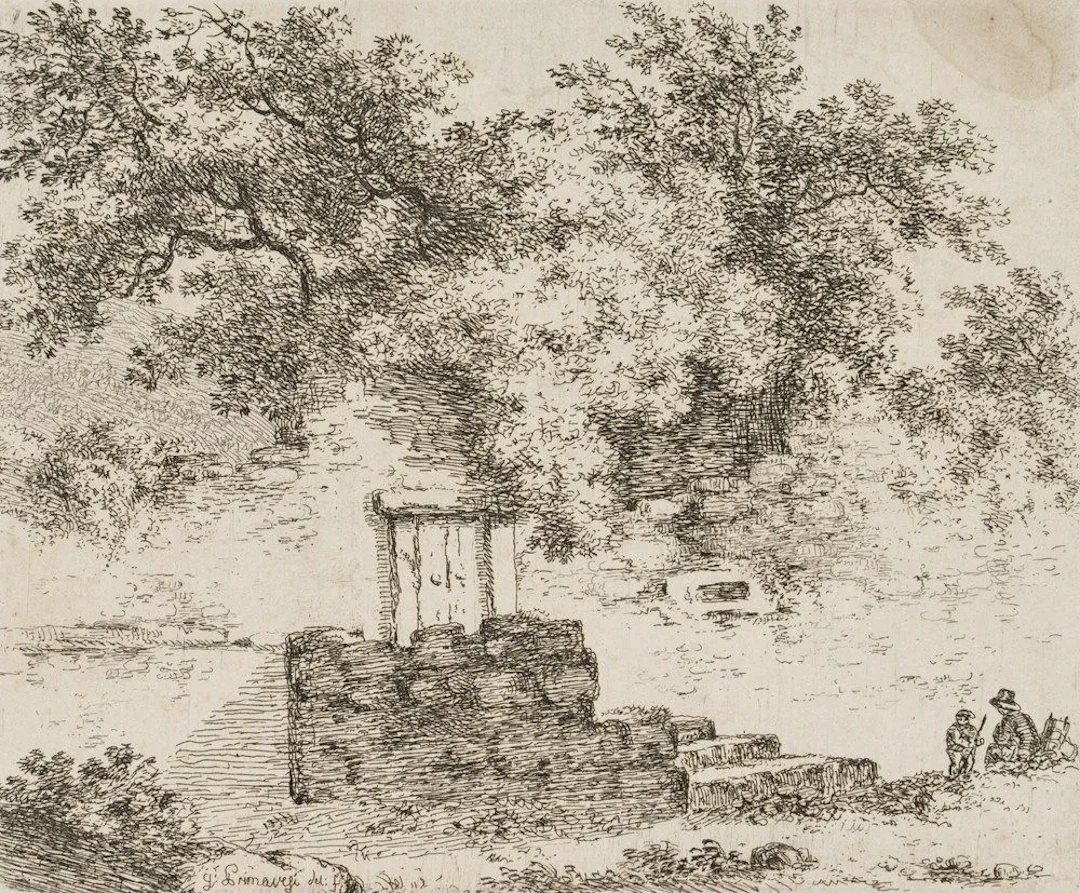 J. PRIMAVESI (*1774), Artist at an Overgrown Ruin, Etching Johann