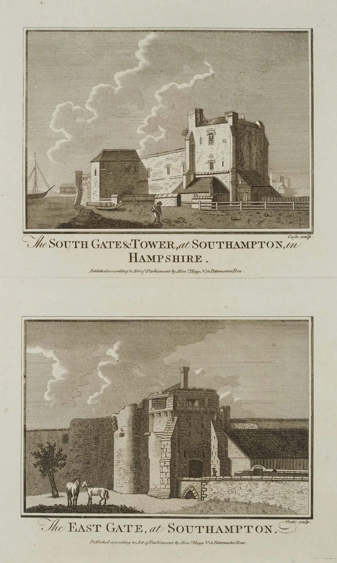 M. COOTE (18th), The Southgate & Tower, Southampton, Etching M. Coote