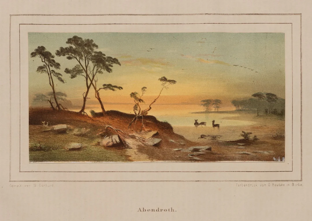 W. GERHARD (19th), Sunset. Deer by the Lake, Color Lithograph W. Gerhard