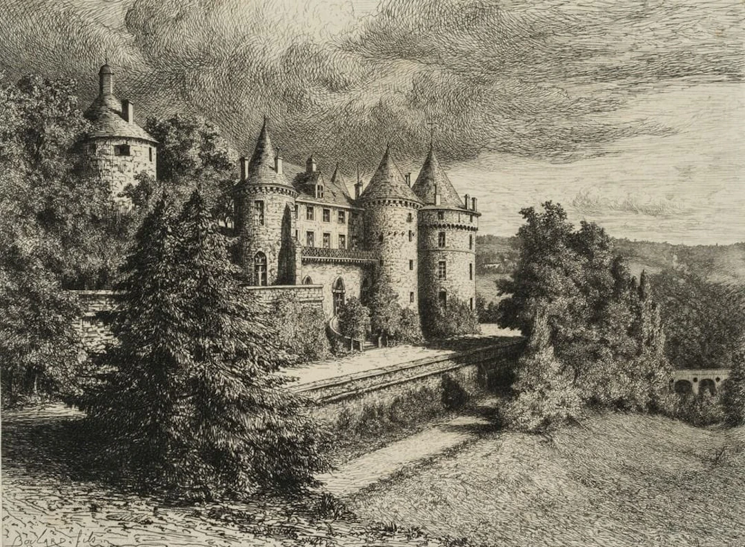 A. BOULARD (19th), French château, Etching Auguste Boulard (19th century):