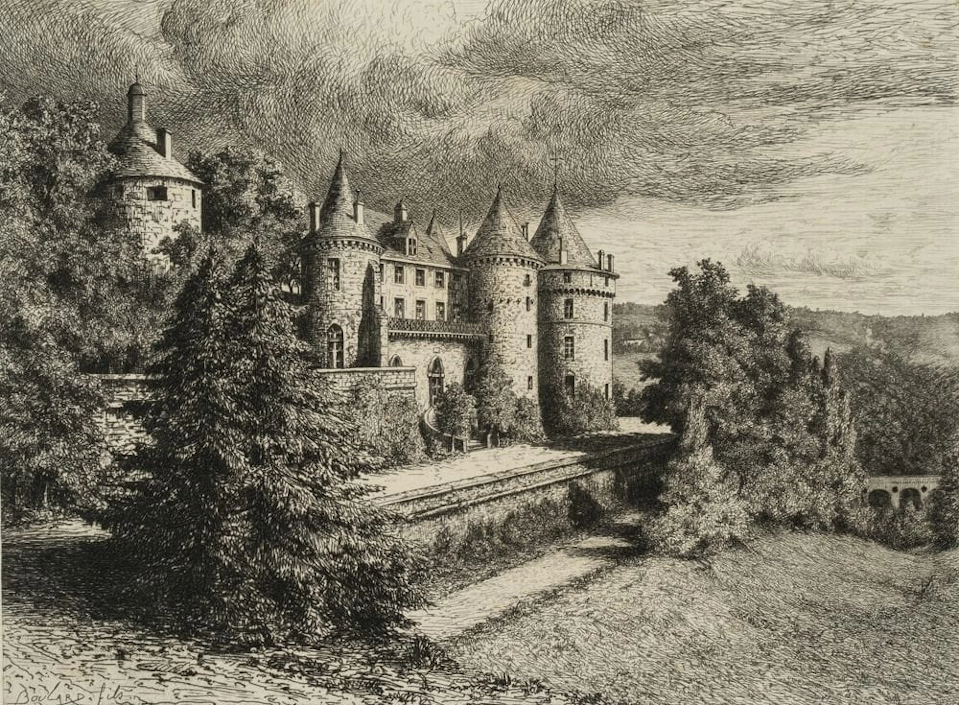 A. BOULARD (19th), French château, Etching Auguste Boulard (19th century):