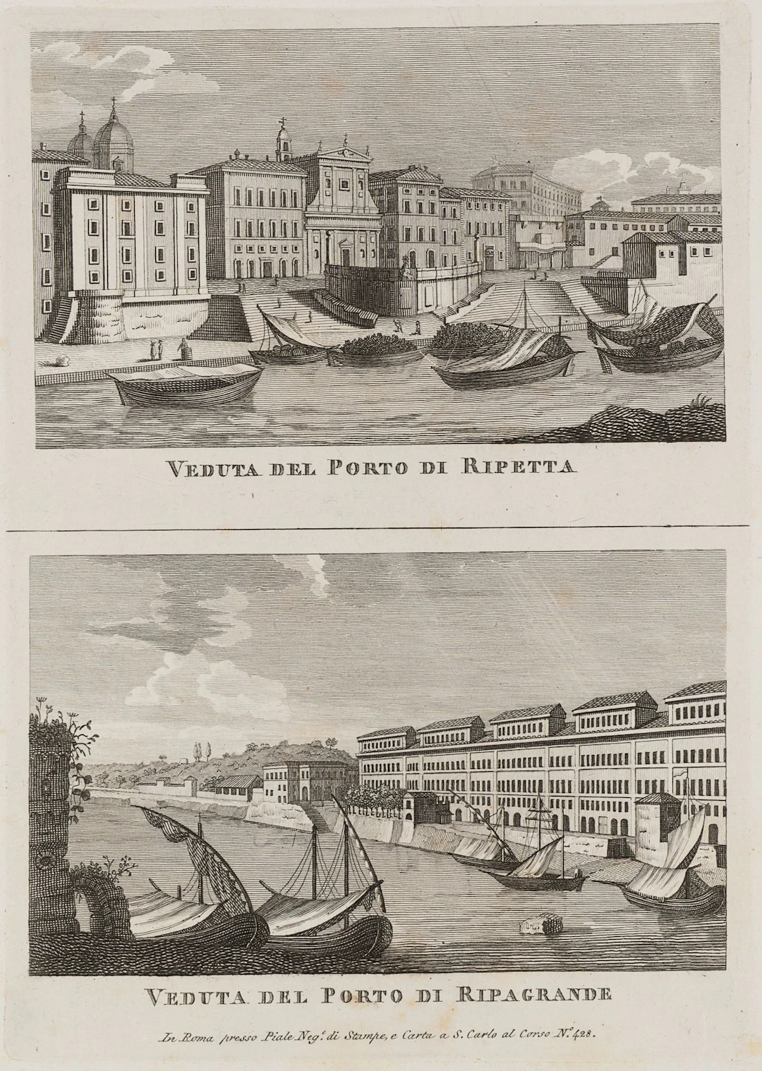 Unknown (19th), Port of Ripetta. Port of Ripa Grande, Copper engraving