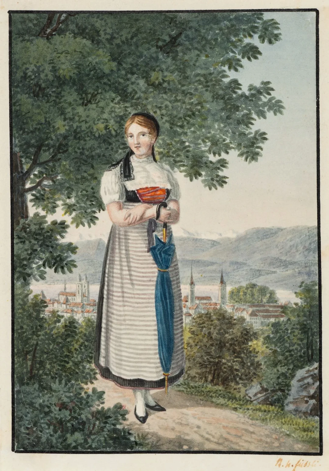 R. FÜSSLI (1791–1828), Woman with an Umbrella Against a Landscape