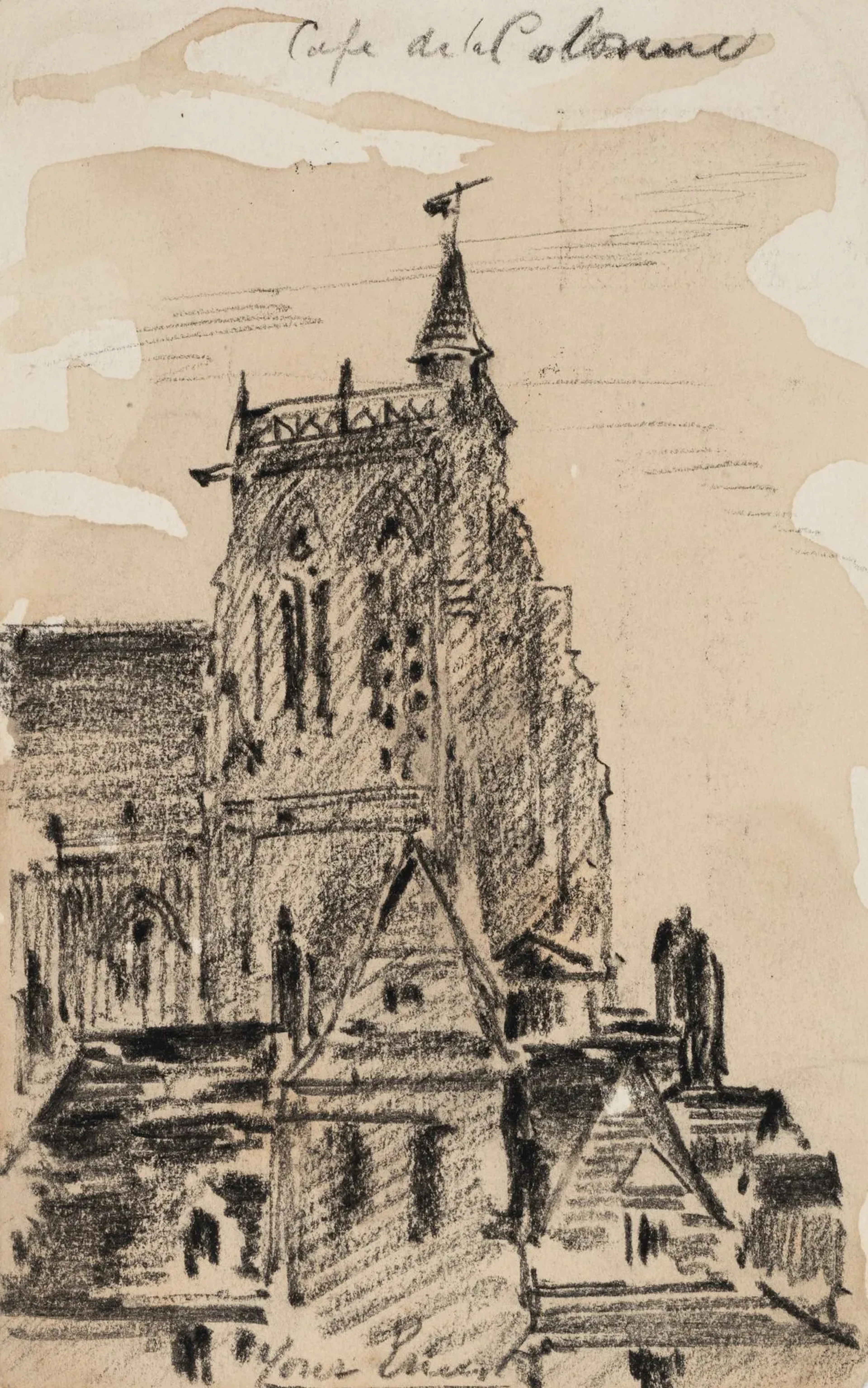 E. LEE (19th), Café de la Colonne. Cathedral, 1884, charcoal E. C.
