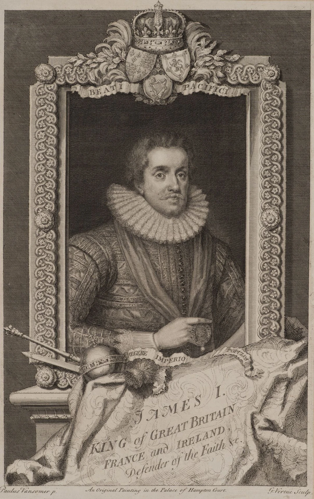 G. VERTUE (*1684) after SOMER (*1576), Portrait of James I, 1736