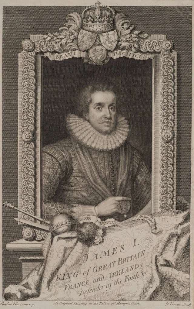 G. VERTUE (*1684) after SOMER (*1576), Portrait of James I, 1736