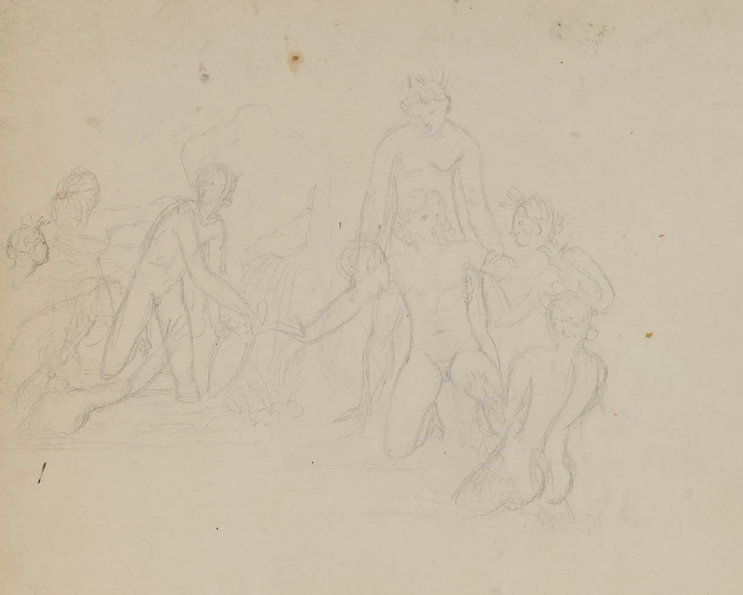 A. VIOLLET-LE-DUC (*1817), Group of figures bathing. Sketch, Pencil