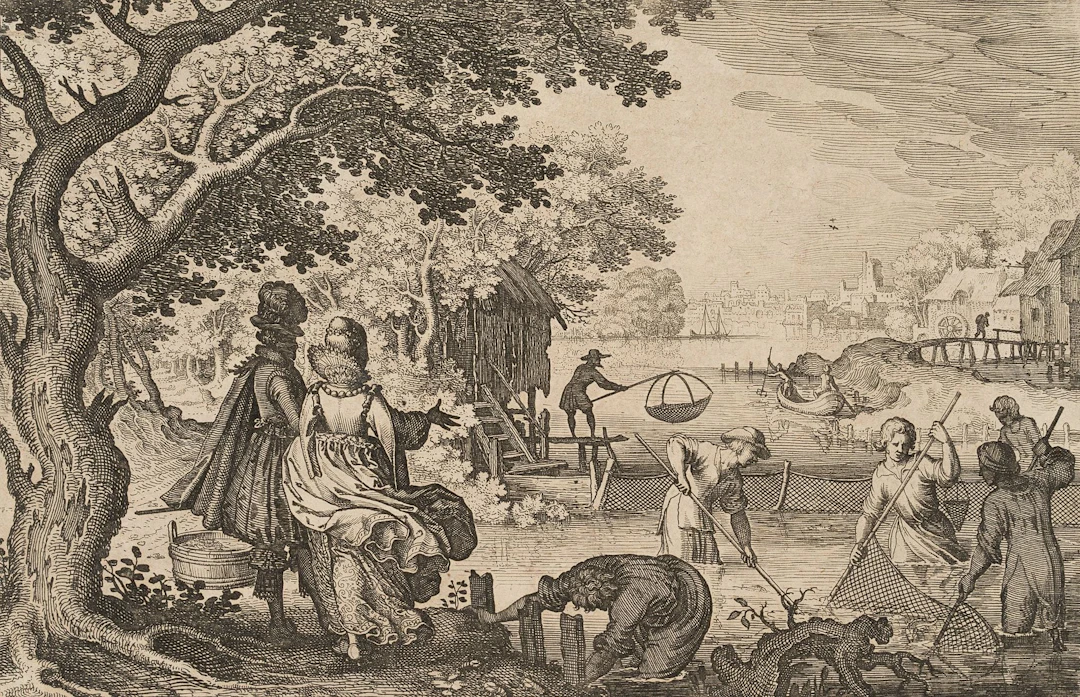 M. MERIAN (1593–1650), Fishing, c. 1616, Etching Matthäus Merian the