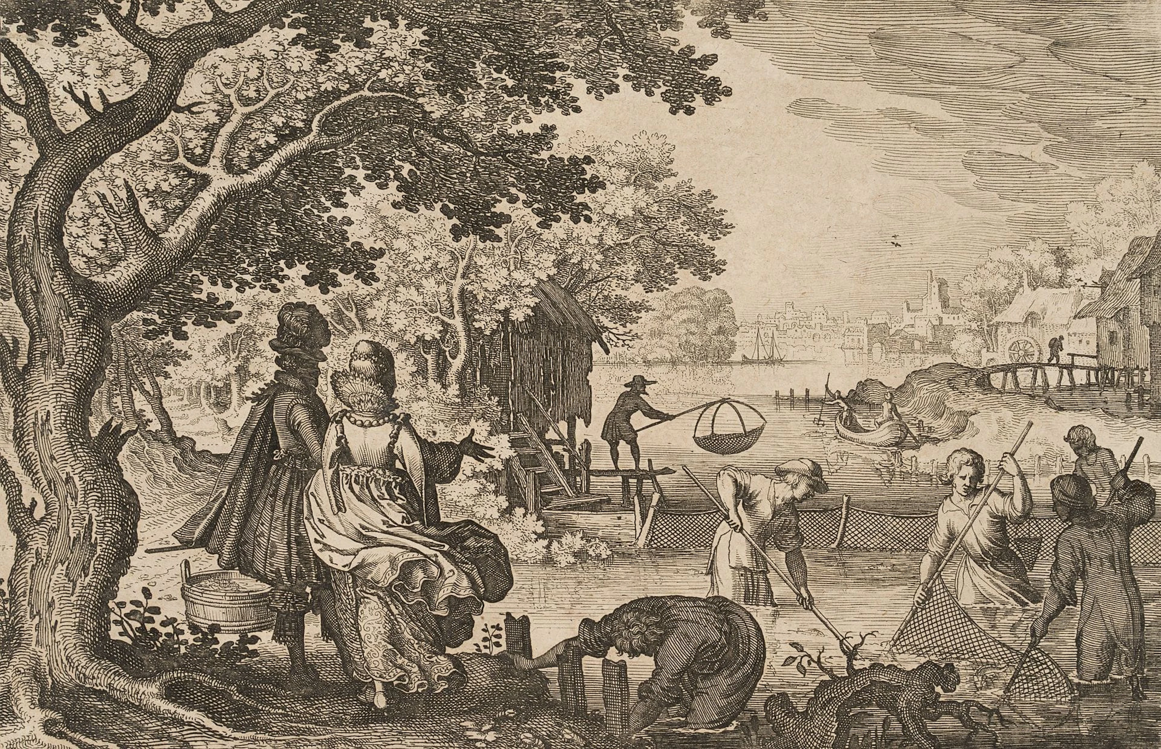 M. MERIAN (1593–1650), Fishing, c. 1616, Etching Matthäus Merian the