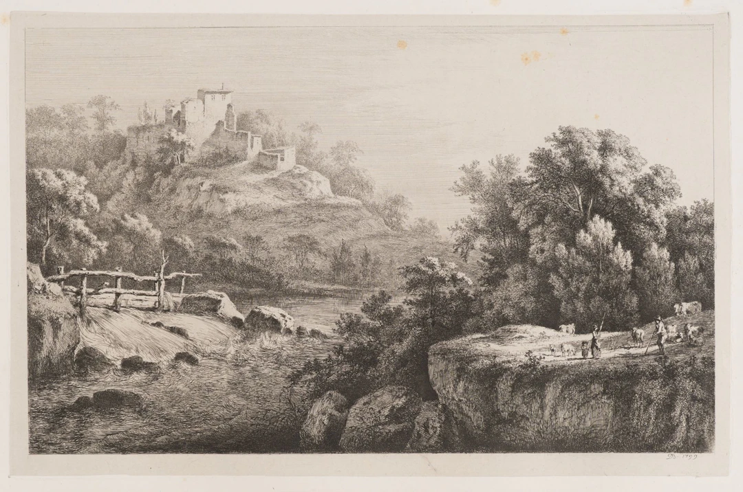 J. BOISSIEU (1736–1810), River Landscape with Castle Ruins, 1799