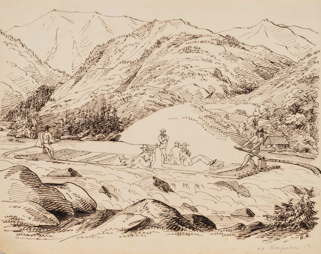 O. GARVE (19th), Carpathians. Hilly river landscape with a raft, 1856