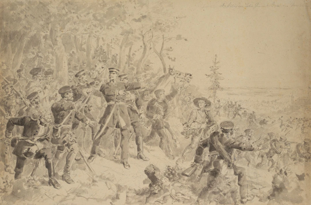 Unknown (19th century), Prussian soldiers. Attack, Watercolor Unknown