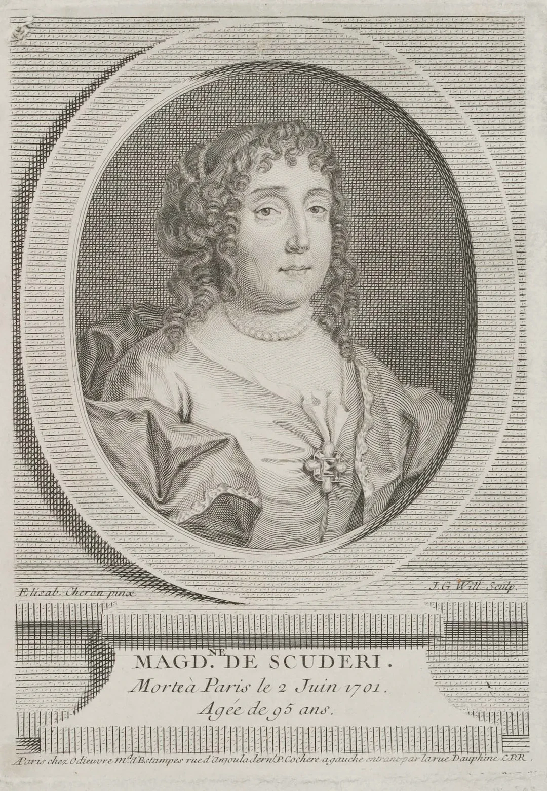 J. WILLE (*1715) after CHÉRON (*1648), Madeleine de Scudéry, 1st edition