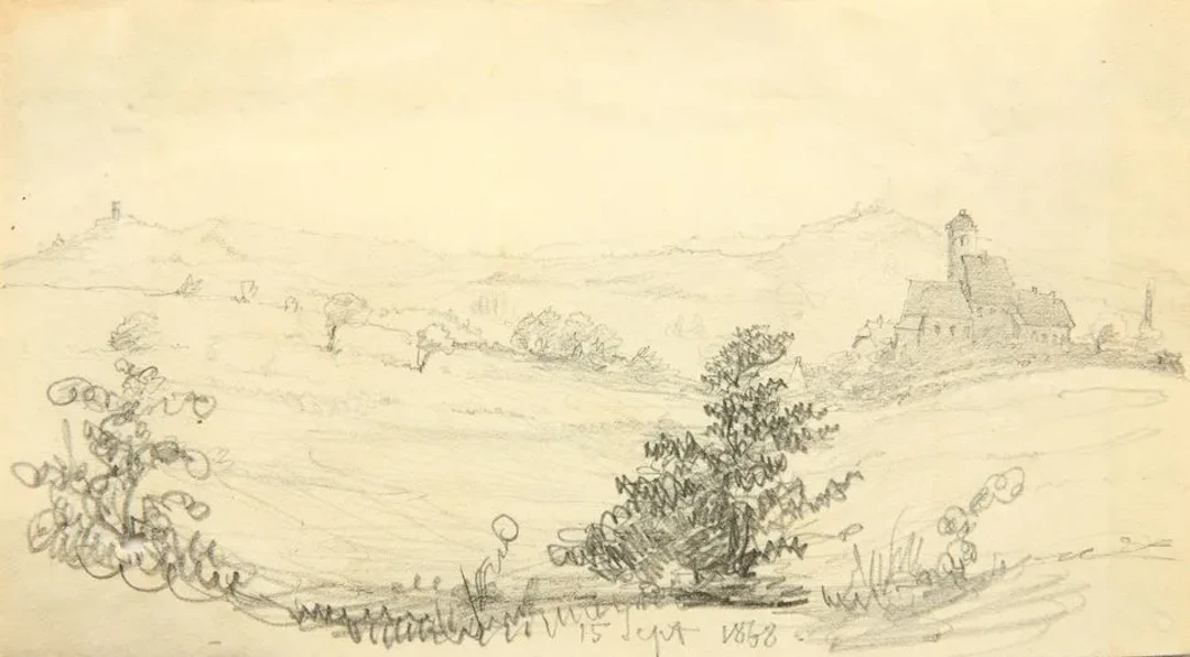 Unknown (19th century), Hilly countryside with a small town, 1868