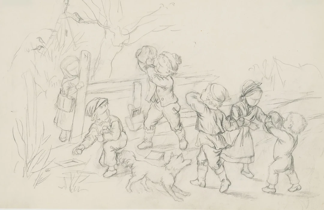G. MÜLLER (1827-1922), On the way to school, Pencil Gustav Otto Müller