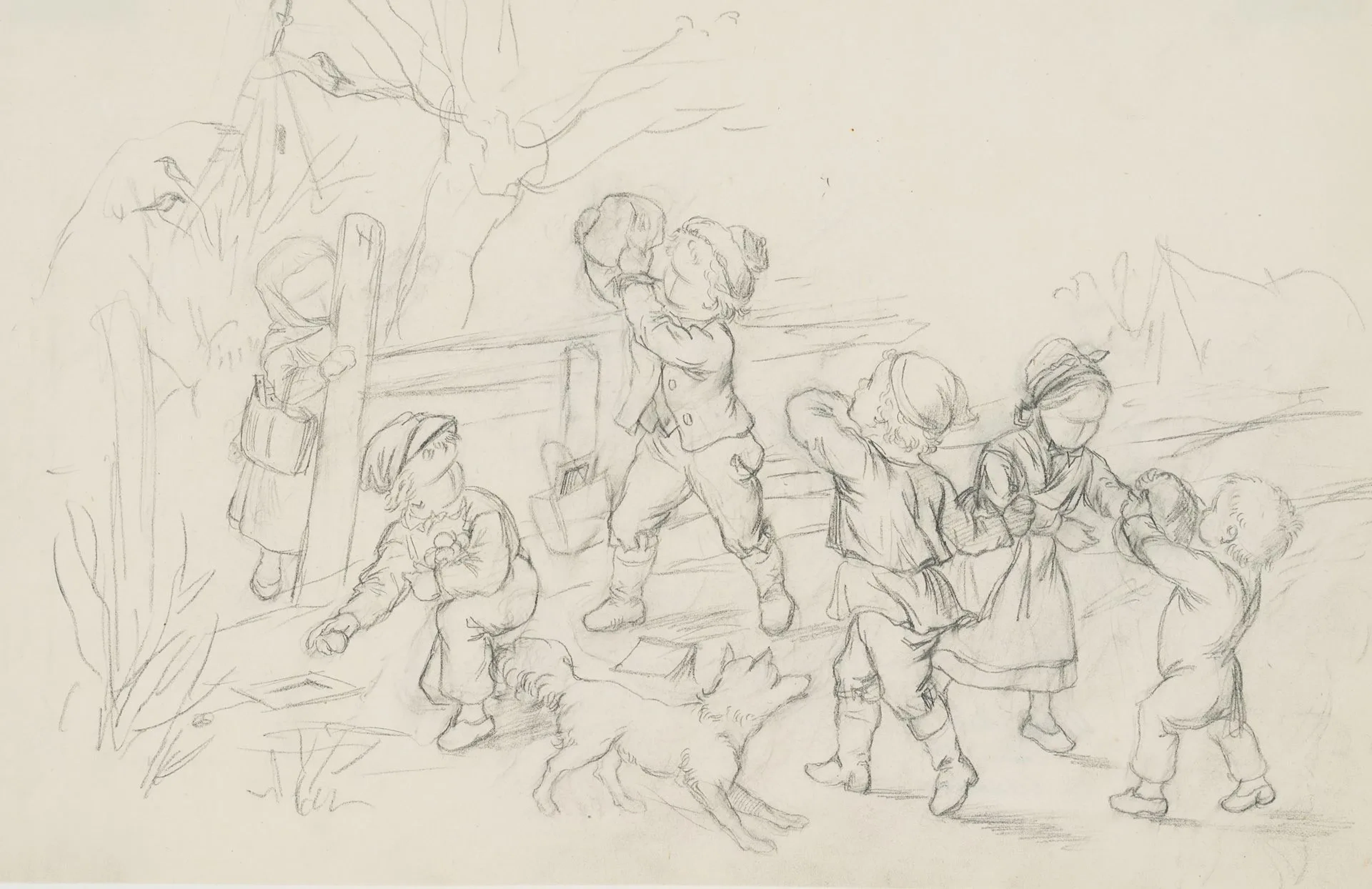 G. MÜLLER (1827-1922), On the way to school, Pencil Gustav Otto Müller