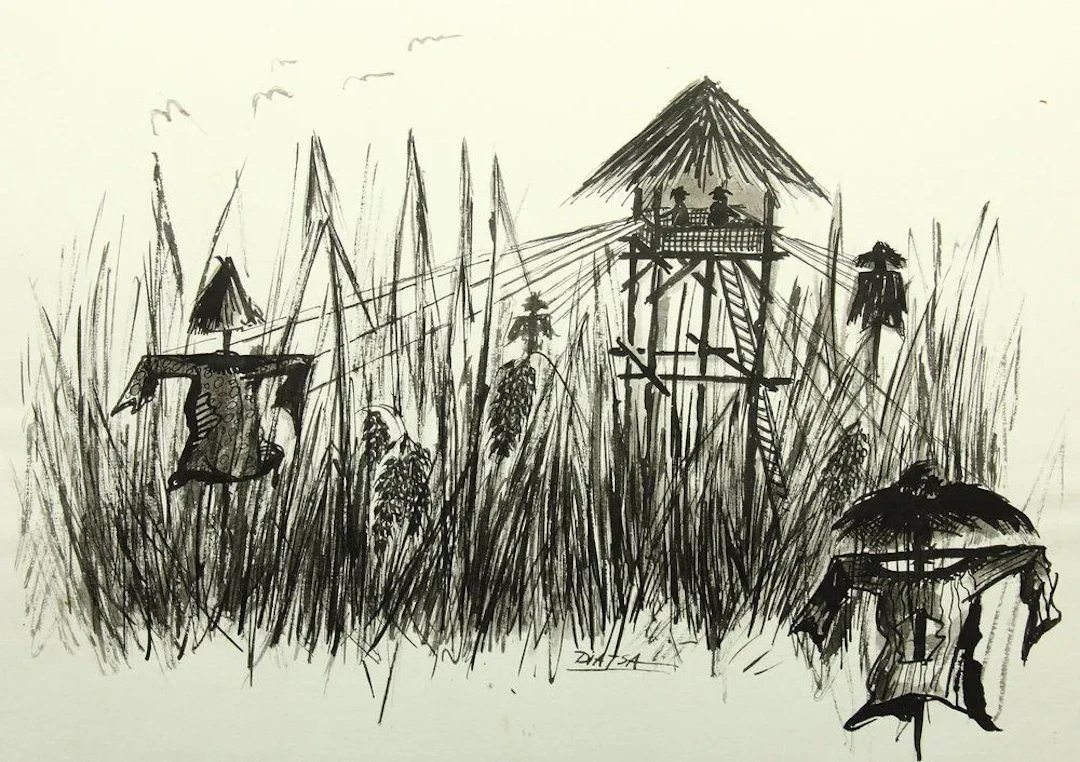 Unknown (20th), Watchtower in a cornfield, Brush drawing Unknown (20th