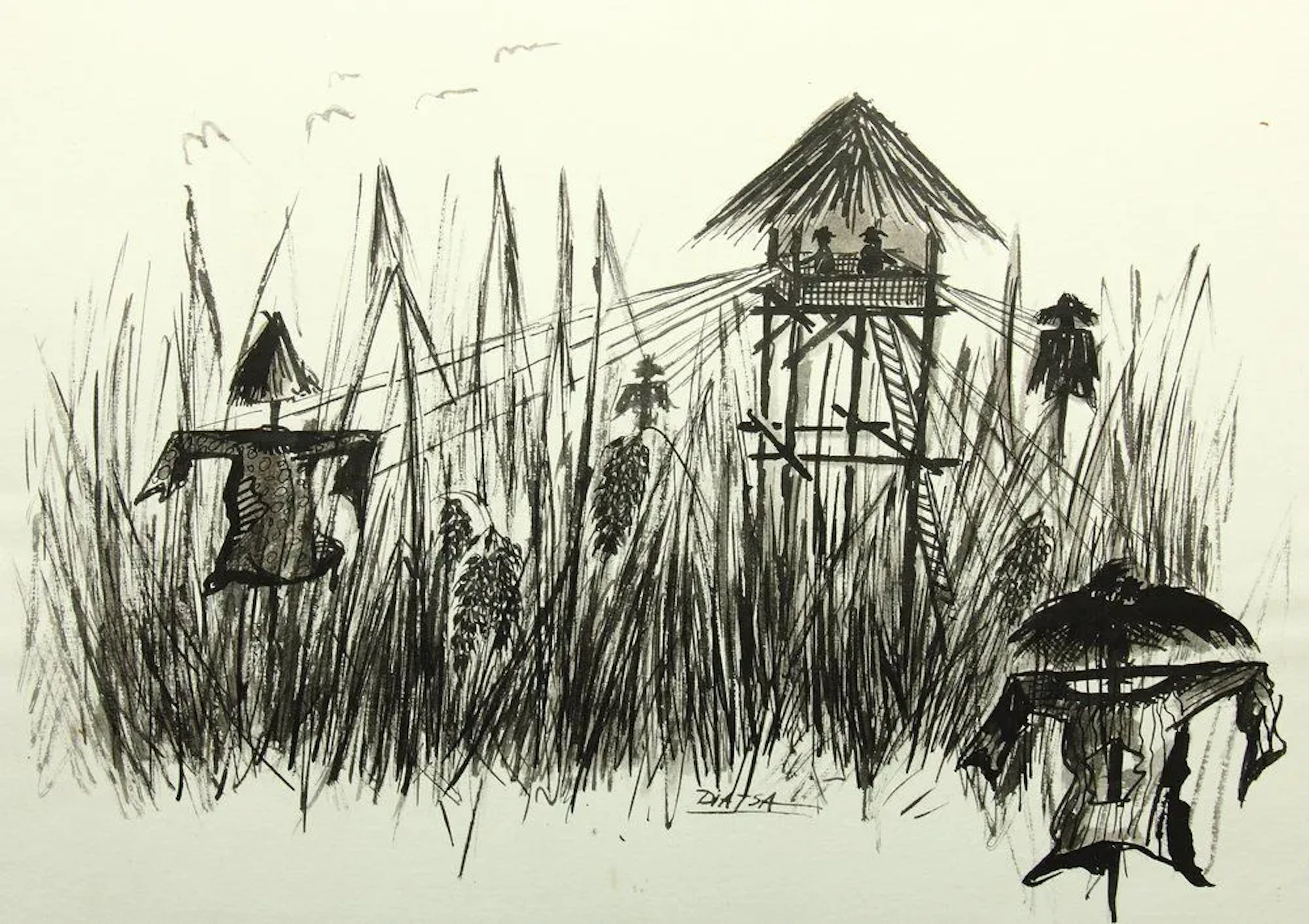 Unknown (20th), Watchtower in a cornfield, Brush drawing Unknown (20th