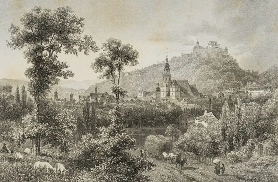 J. POPPEL (*1807) after ROHBOCK (*1824), View of Coburg with the Veste