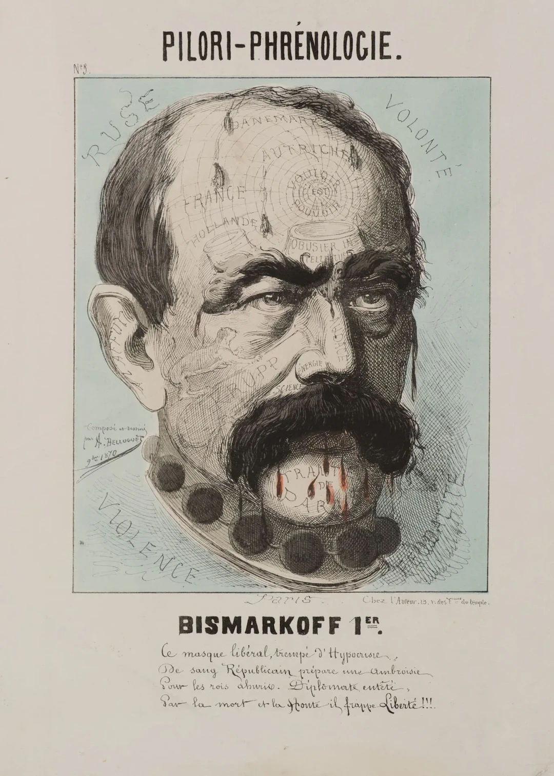 A. BELLOGUET (*1853), Phrenological caricature of Bismarck, Lithography